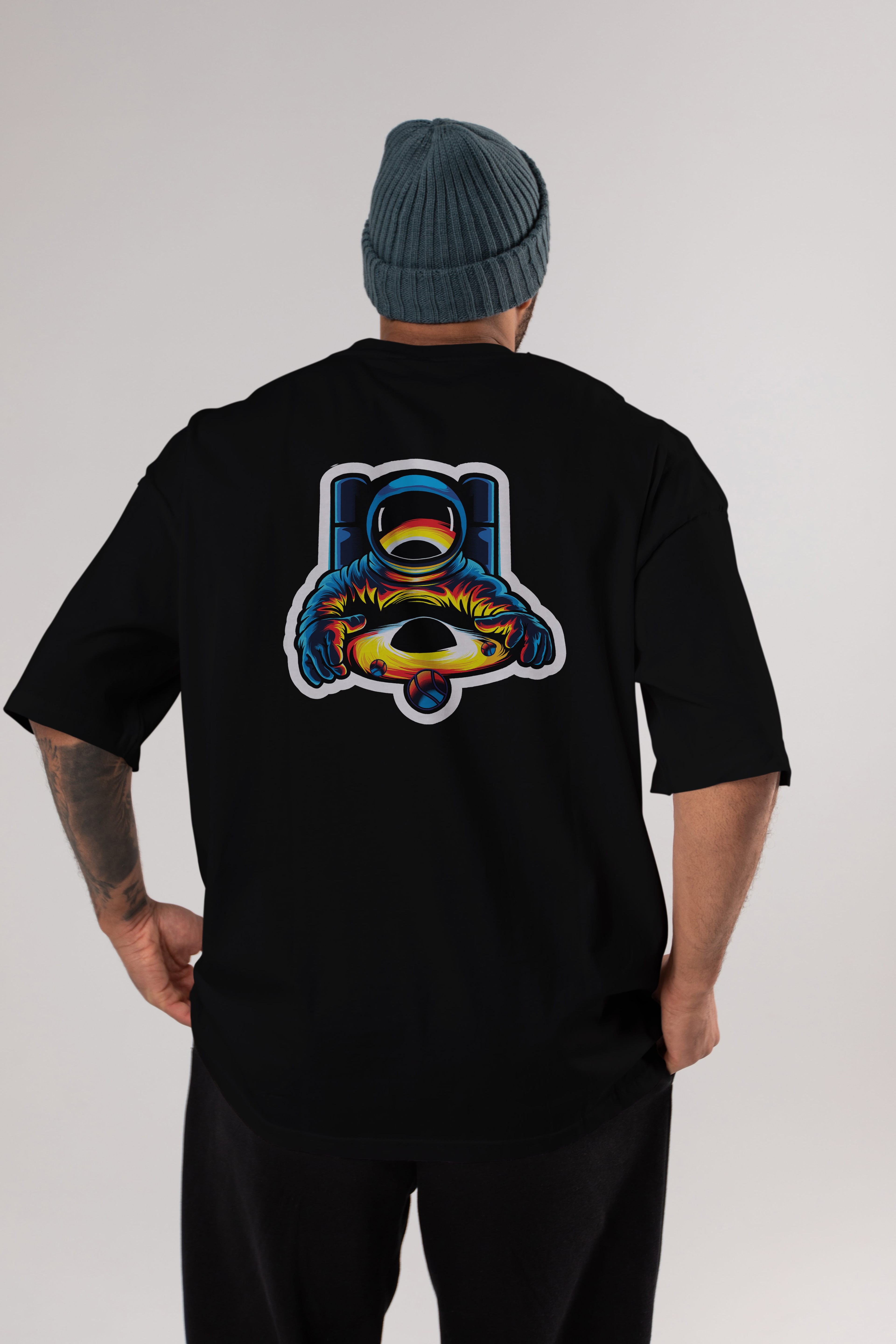 Astronaut & Black Hole Sticker Arka Baskılı Oversize t-shirt Erkek Kadın Unisex