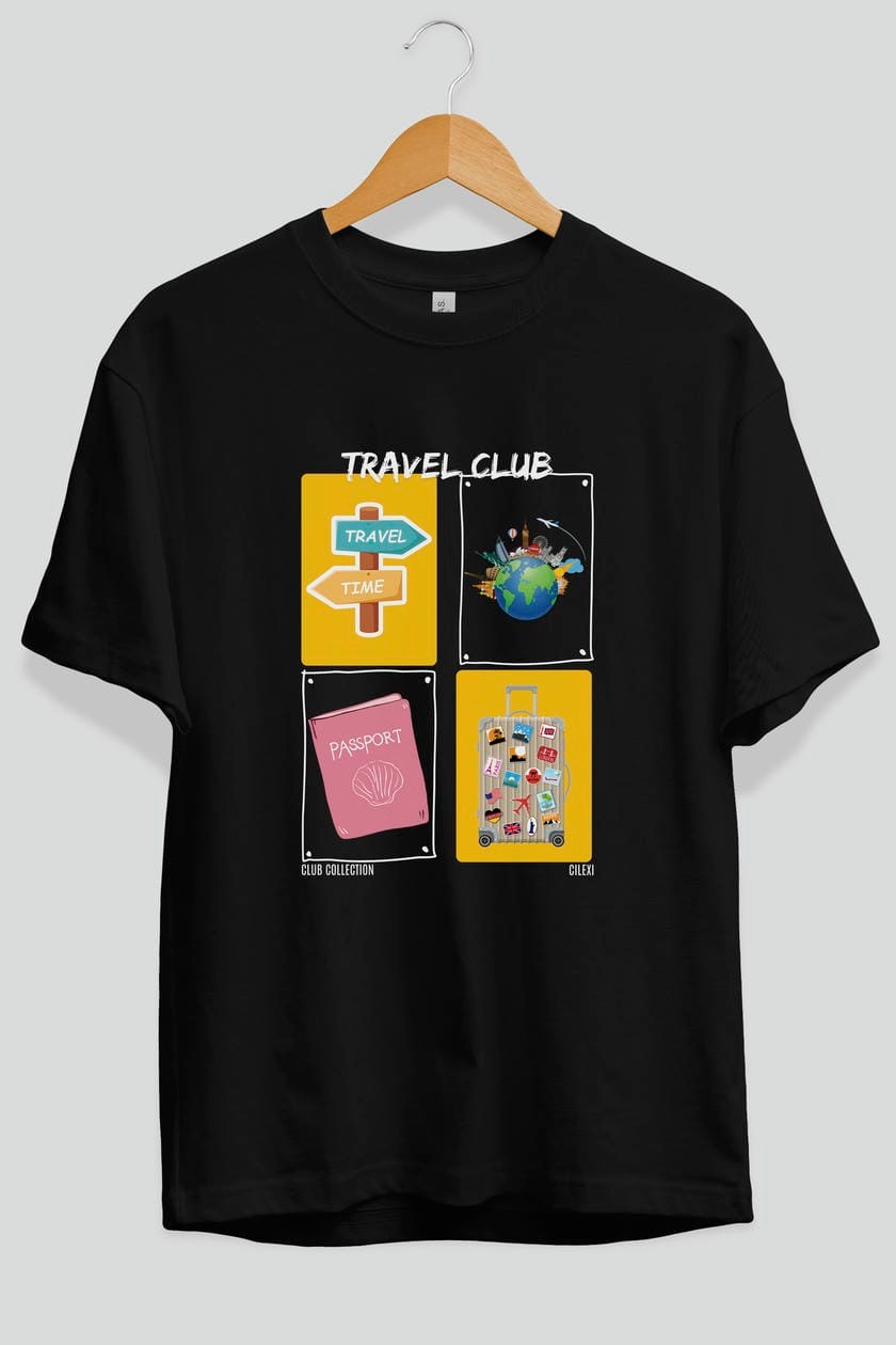 Travel Club ön Baskılı Oversize t-shirt Erkek Kadın %100 Pamuk Bisiklet Yaka tişort