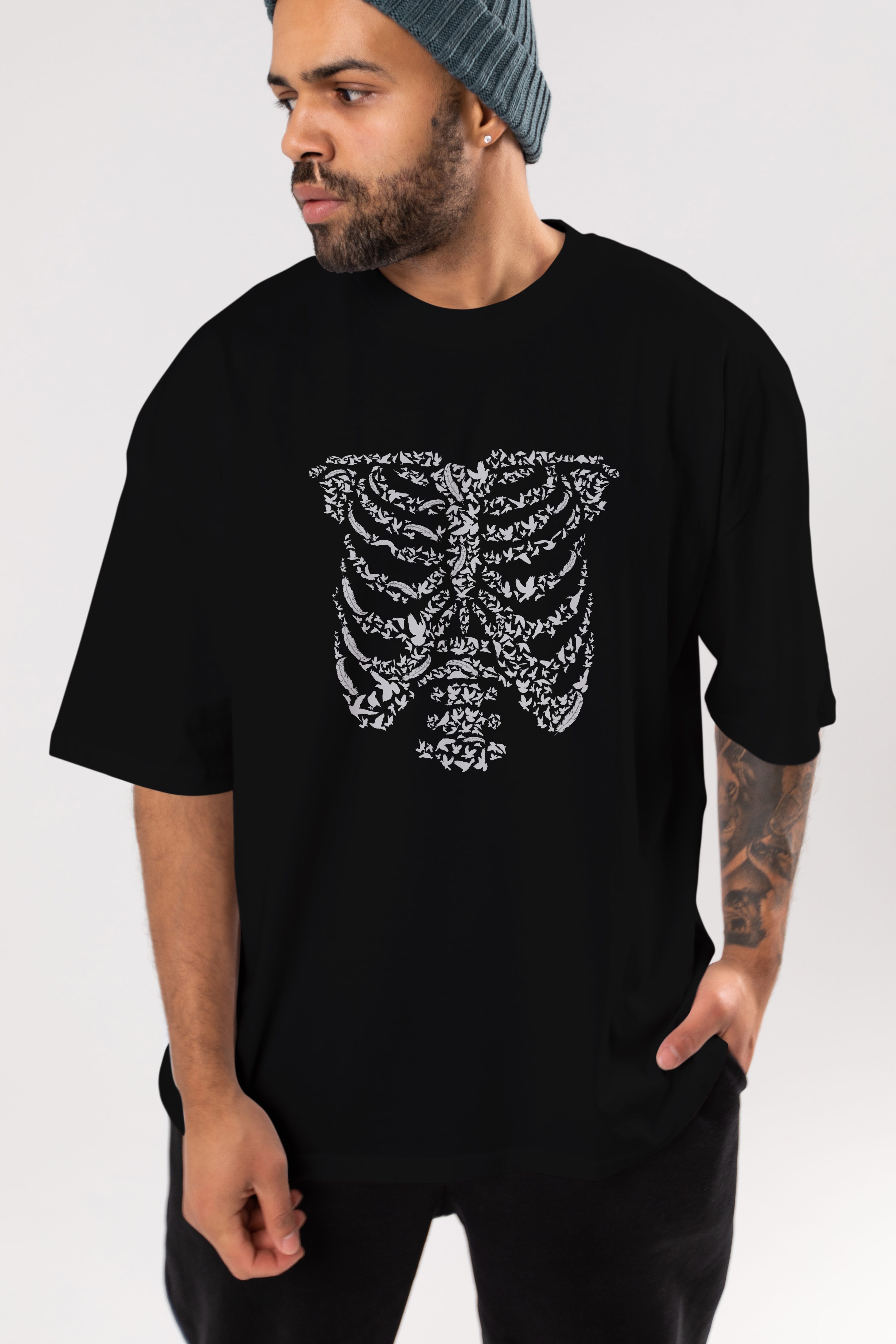 Ribcage Bird Ön Baskılı Oversize t-shirt %100 pamuk Erkek Kadın Unisex