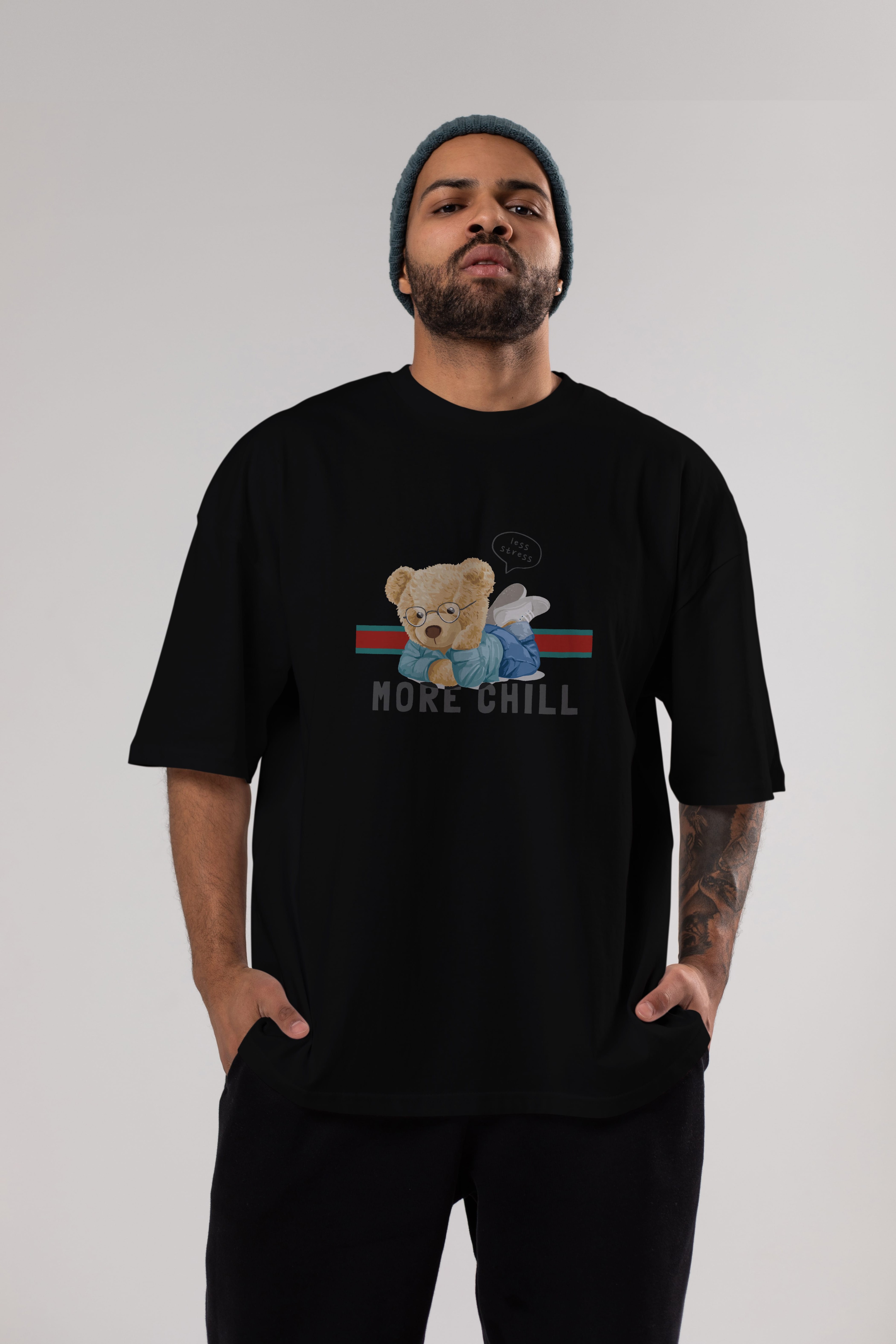 Teddy Bear More Chill Ön Baskılı Oversize t-shirt Erkek Kadın Unisex %100 Pamuk
