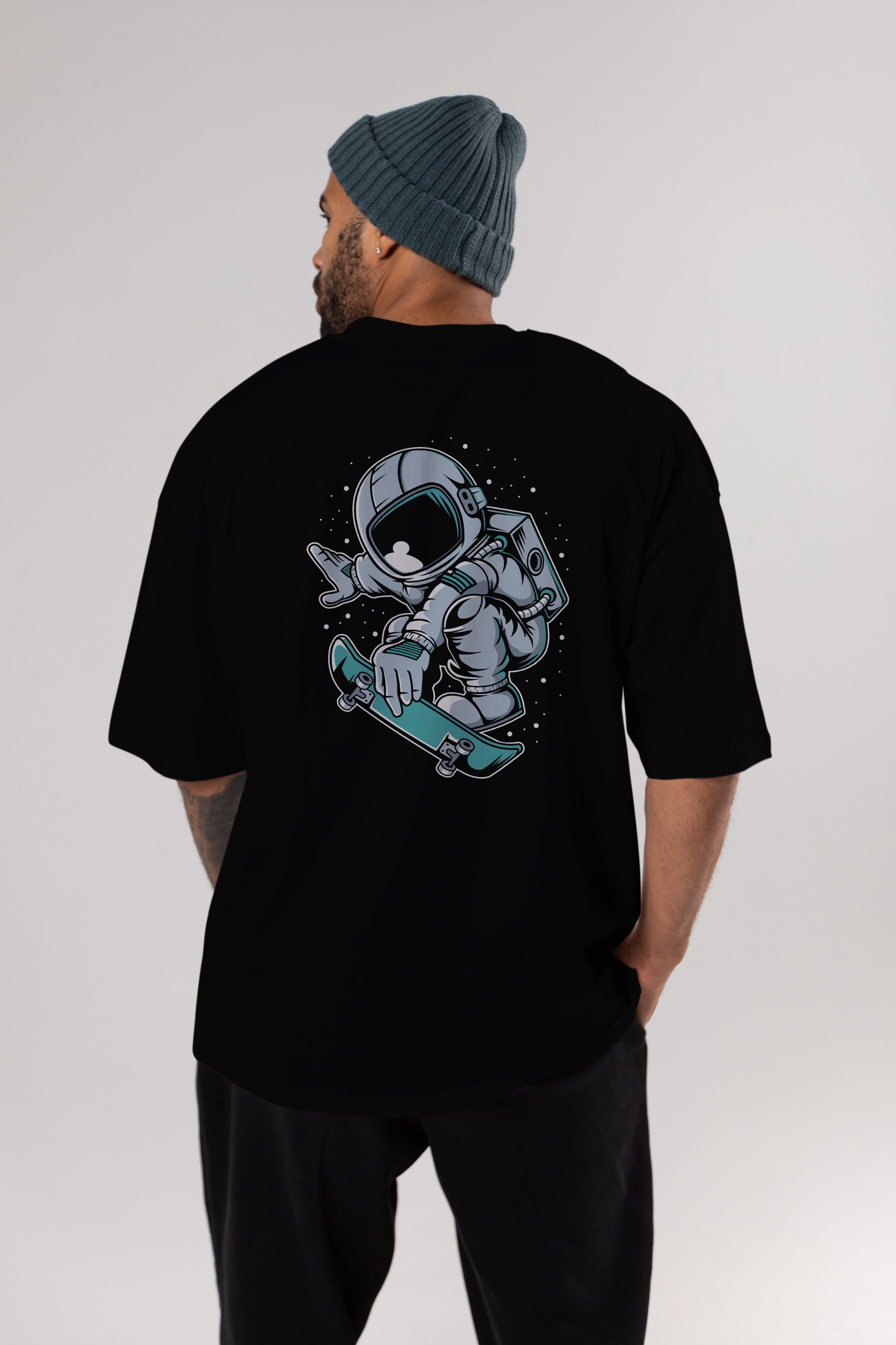 Astronaut Skateboard Jump Arka Baskılı Oversize t-shirt Erkek Kadın Unisex