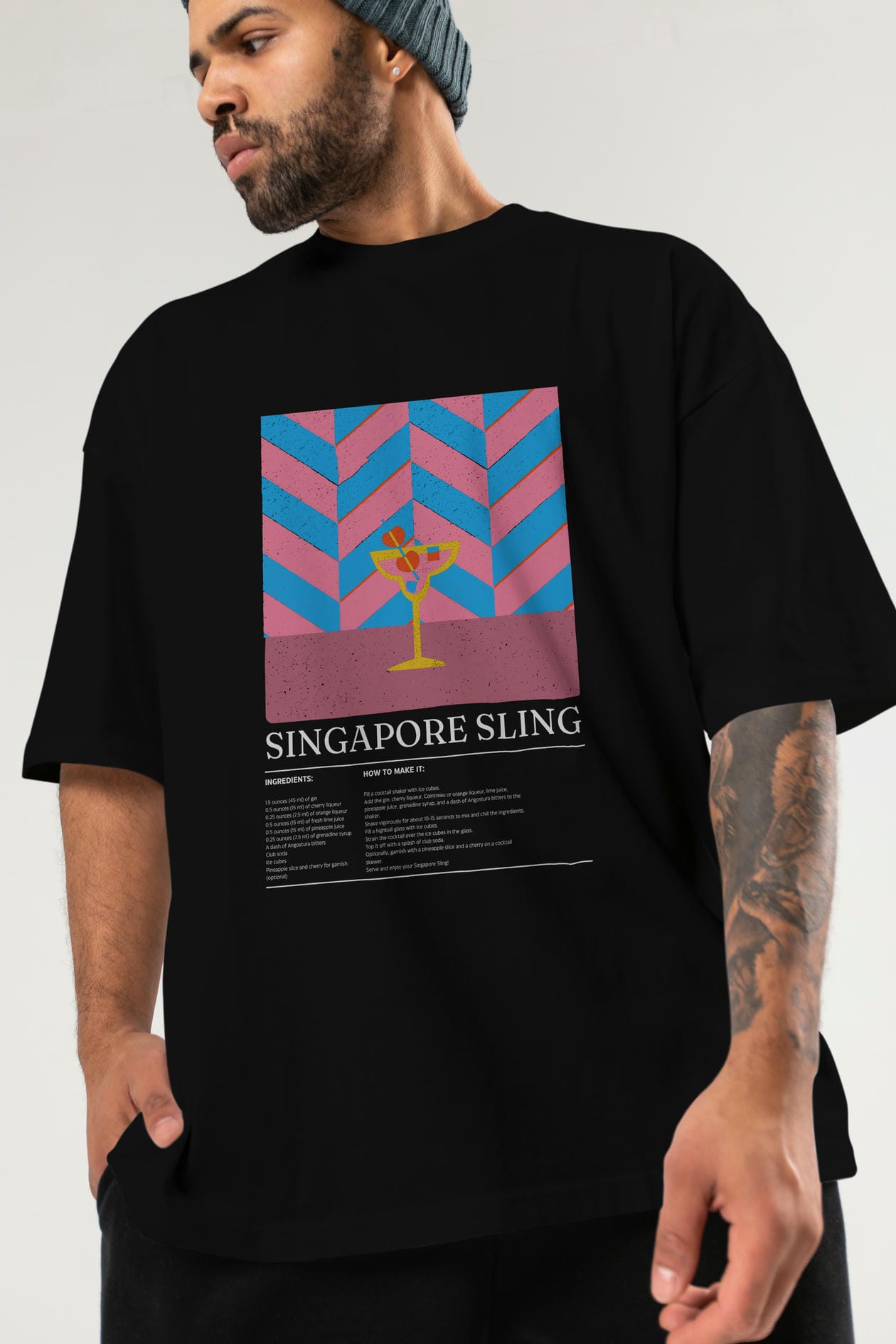 Sıngapore Sling Kokteyl Ön Baskılı Oversize t-shirt Erkek Kadın %100 Pamuk Bisiklet Yaka tişort