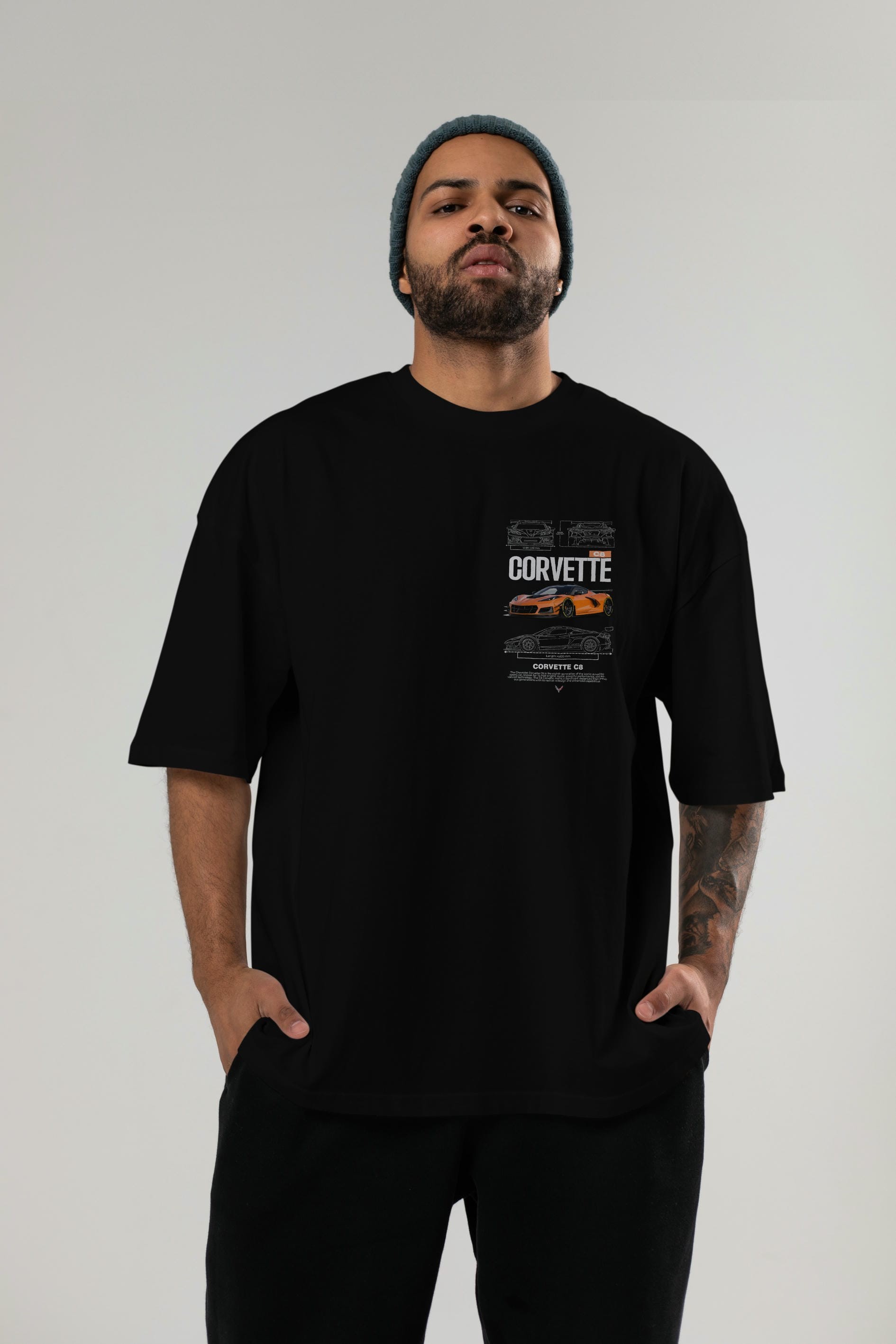 Chevrolet CORVETTE C8 Ön Sol Baskılı Oversize t-shirt Erkek Kadın Unisex %100 Pamuk Bisiklet Yaka tişort