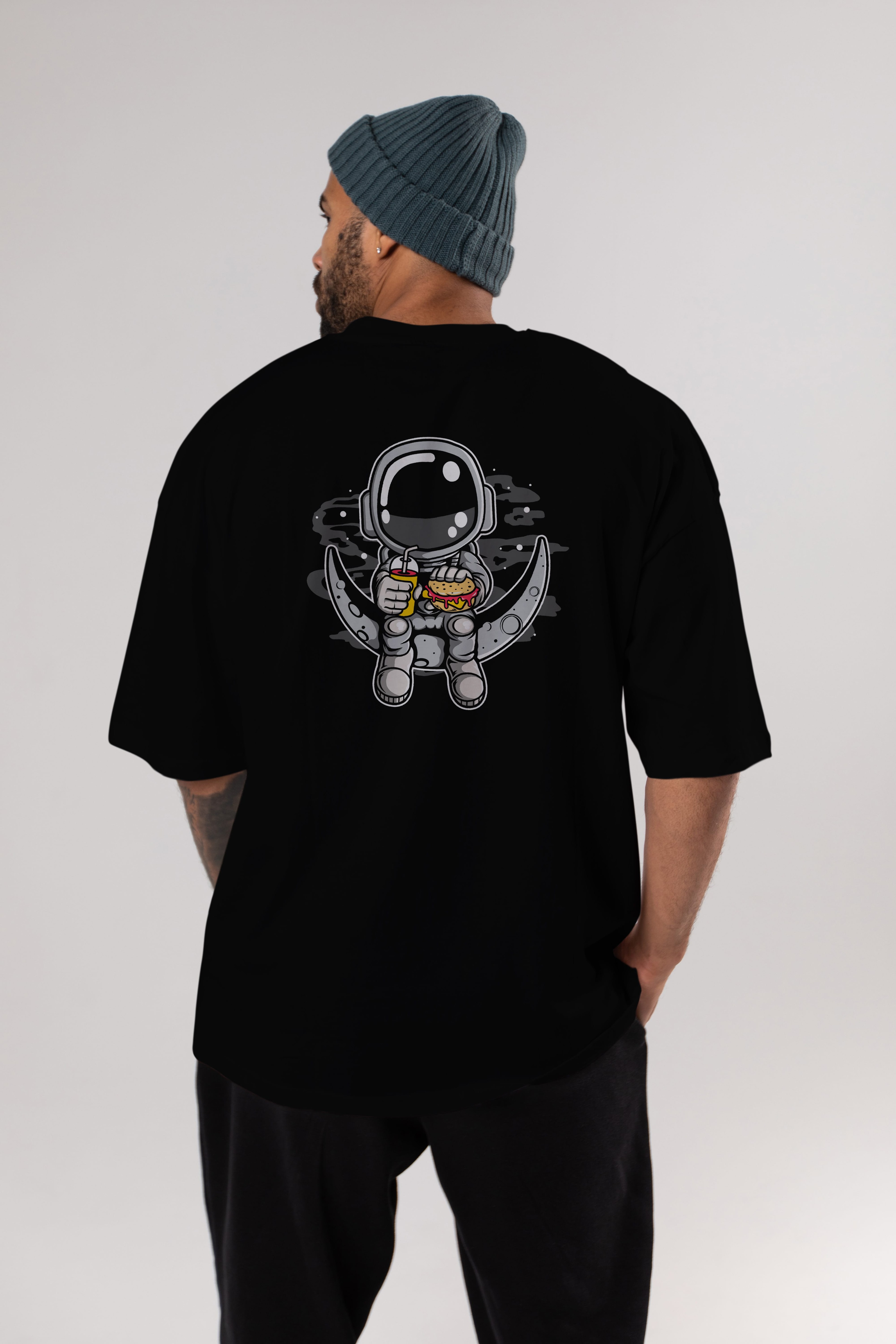 Astronaut Crescent Arka Baskılı Oversize t-shirt Erkek Kadın Unisex