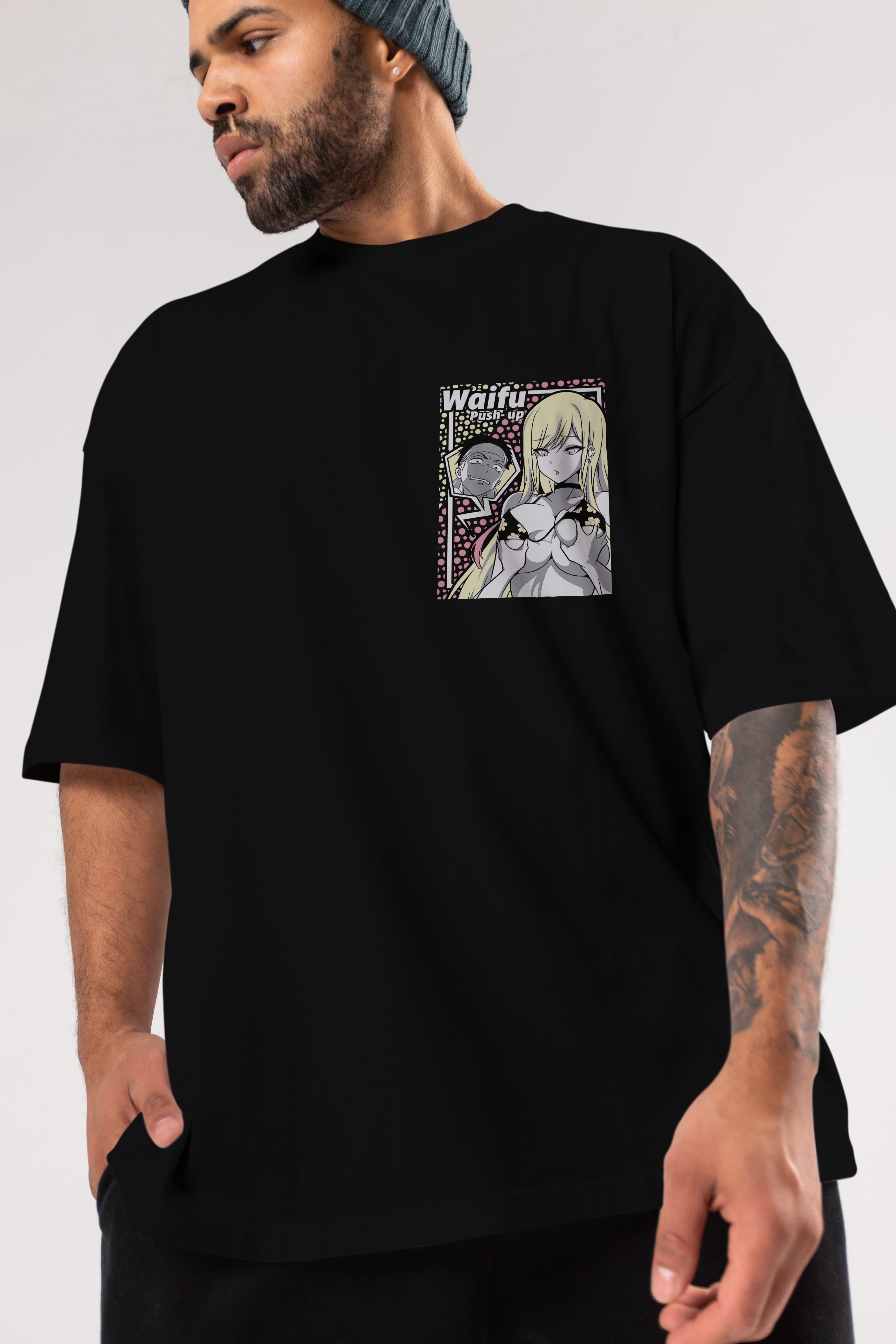 Waifu PushUp Ön Sol Baskılı Oversize t-shirt Erkek Kadın Unisex %100 Pamuk Bisiklet Yaka tişort