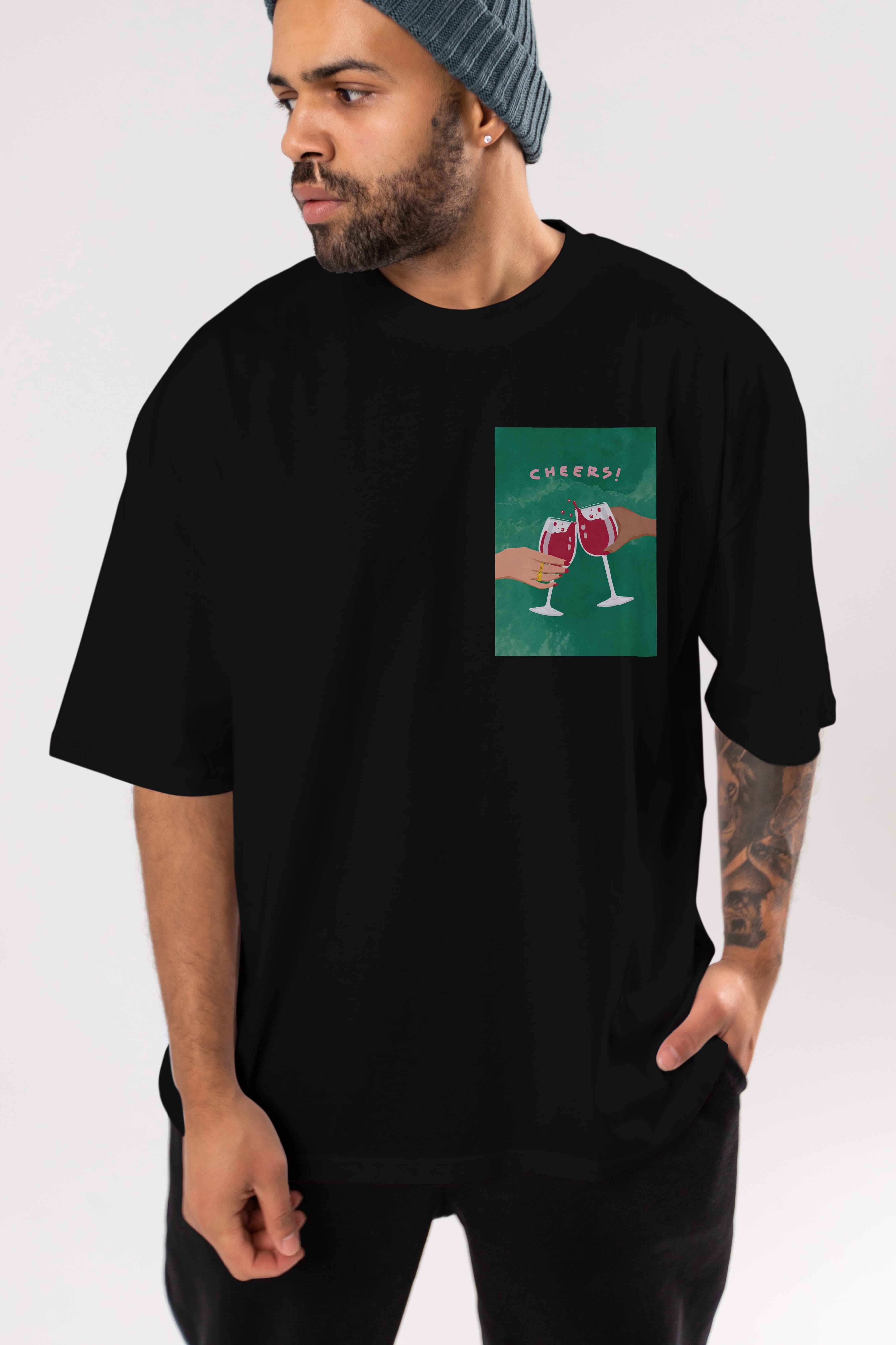 Cheers Ön Sol Baskılı Oversize t-shirt Erkek Kadın Unisex %100 Pamuk Bisiklet Yaka tişort