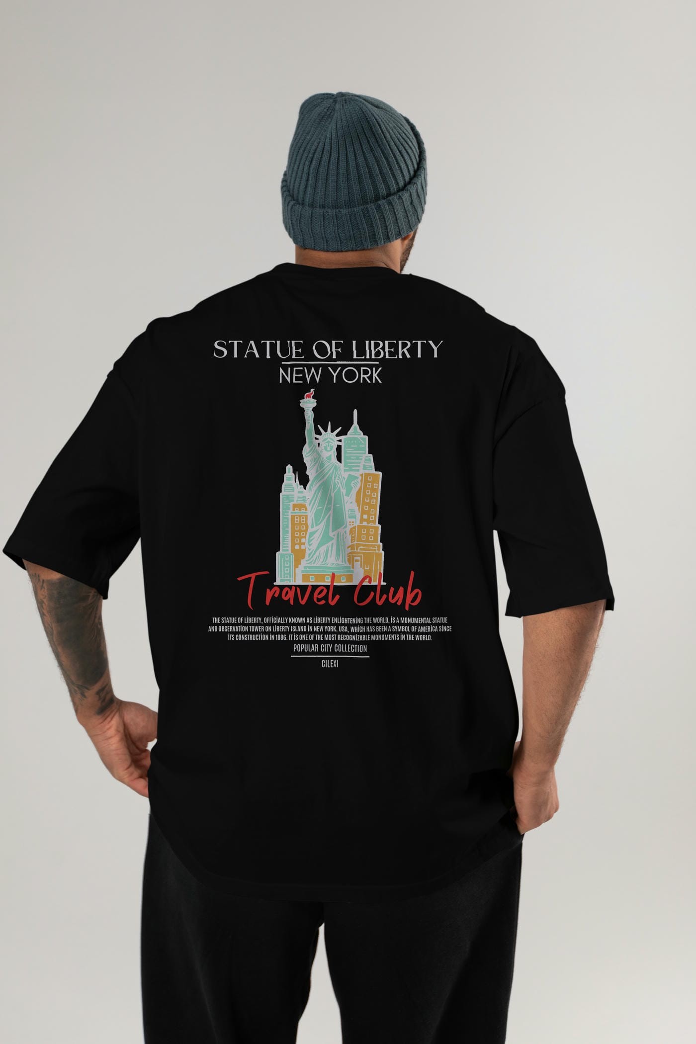 Statue Of Liberty New York Arka Baskılı Oversize t-shirt Erkek Kadın Pamuk Bisiklet Yaka tişort