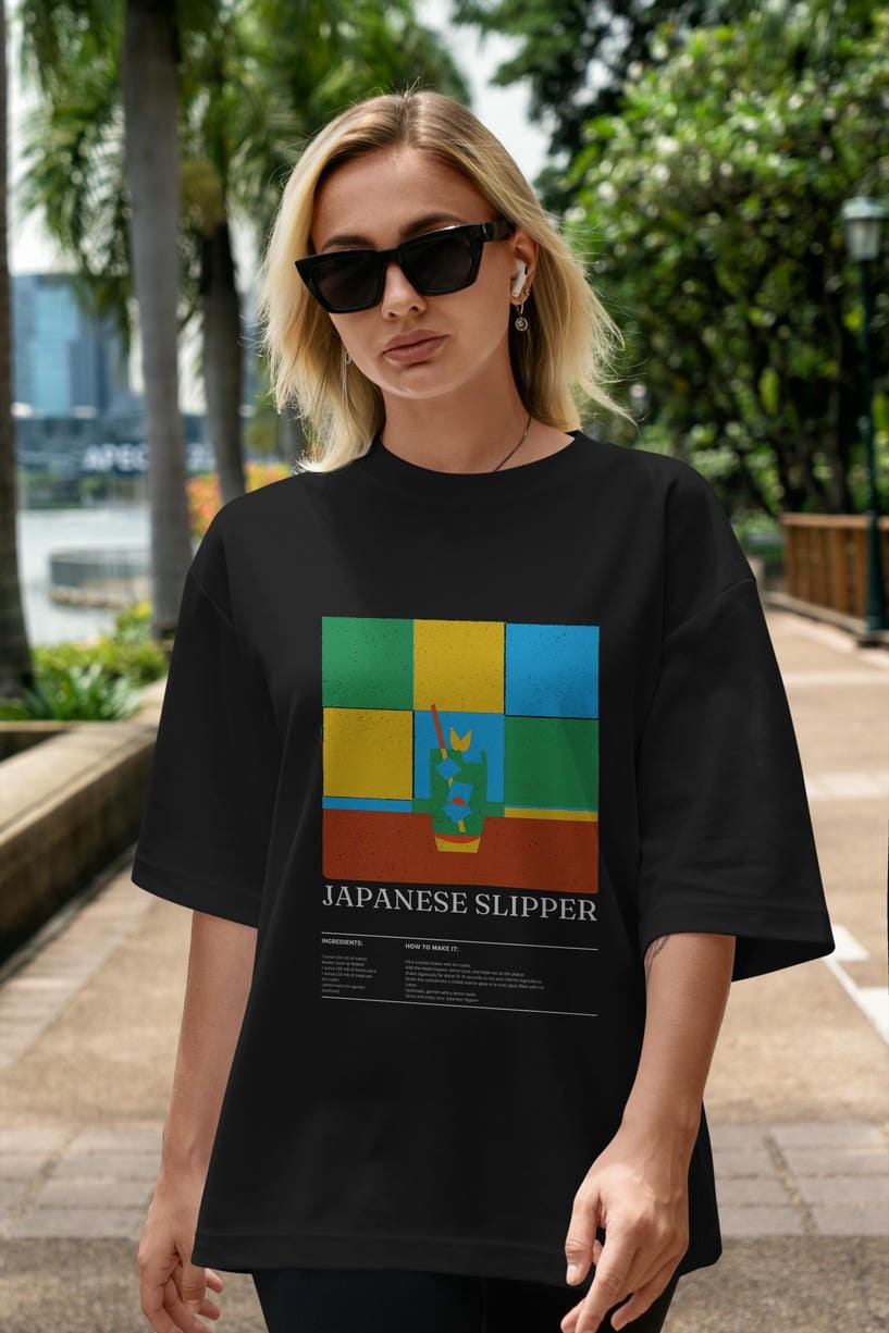 Japanese Slipper Kokteyl Ön Baskılı Oversize t-shirt Erkek Kadın %100 Pamuk Bisiklet Yaka tişort