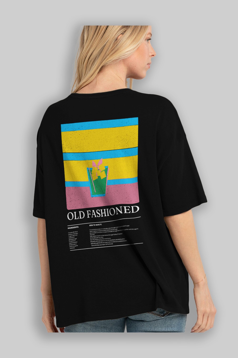 Old Fashioned Kokteyl Serisi Arka Baskılı Oversize t-shirt Erkek Kadın %100 Pamuk Bisiklet Yaka tişort