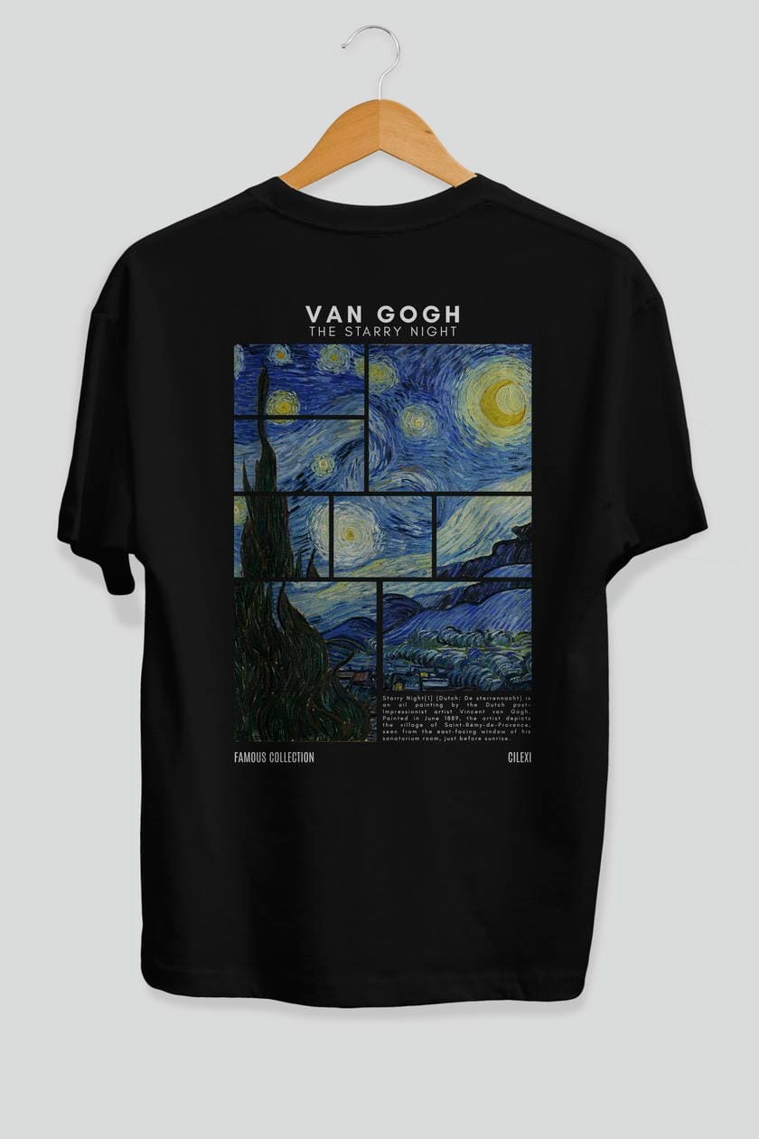 Van Gogh The Starry Night Arka Baskılı Oversize t-shirt Erkek Kadın Bisiklet Yaka Pamuk tişort