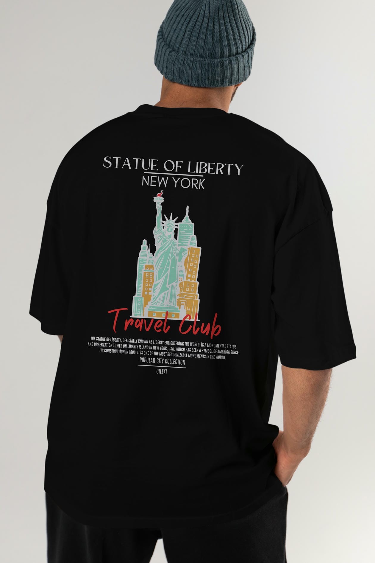 Statue Of Liberty New York Arka Baskılı Oversize t-shirt Erkek Kadın Pamuk Bisiklet Yaka tişort