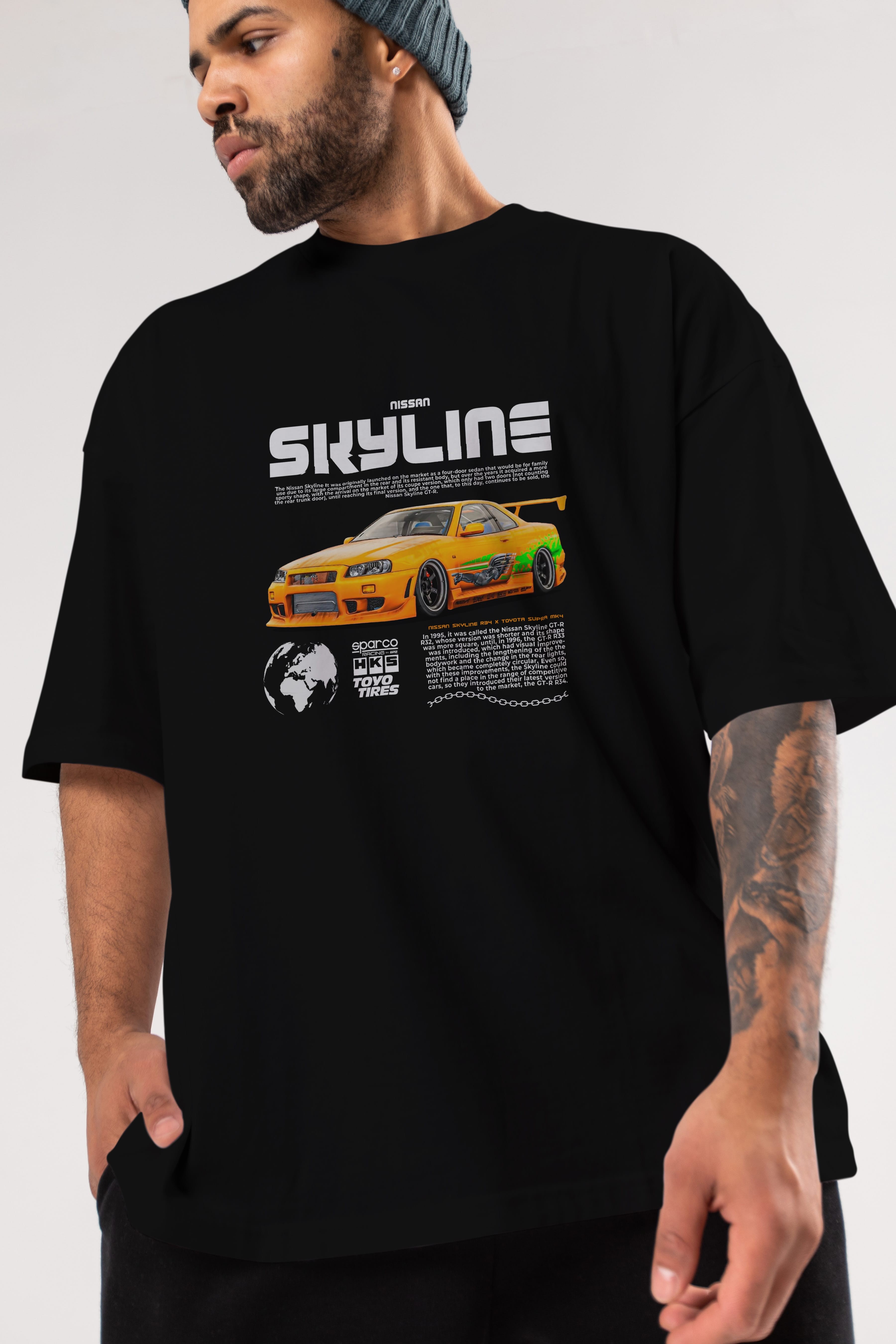 SKYLINE X SUPRA Ön Baskılı Oversize t-shirt Erkek Kadın Unisex %100 Pamuk Bisiklet Yaka tişort