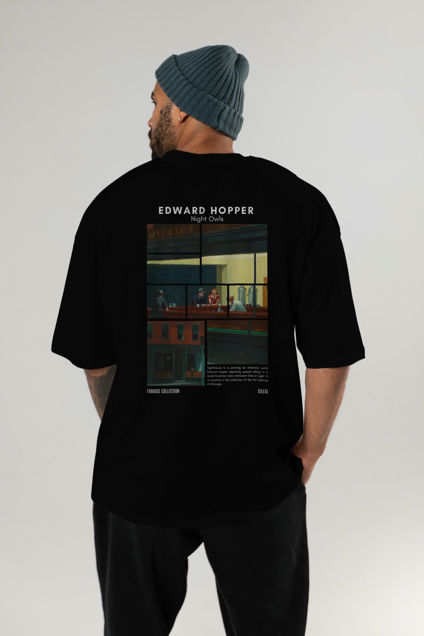Edward Hopper Night Owls Arka Baskılı Oversize t-shirt Erkek Kadın Bisiklet Yaka Pamuk tişort