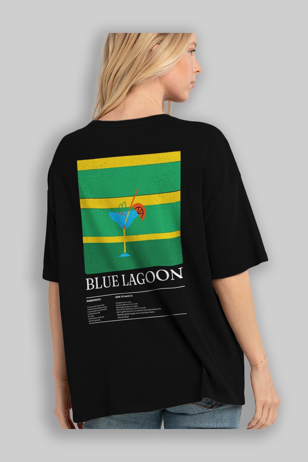 Blue Lagoon Kokteyl Serisi Arka Baskılı Oversize t-shirt Erkek Kadın %100 Pamuk Bisiklet Yaka tişort