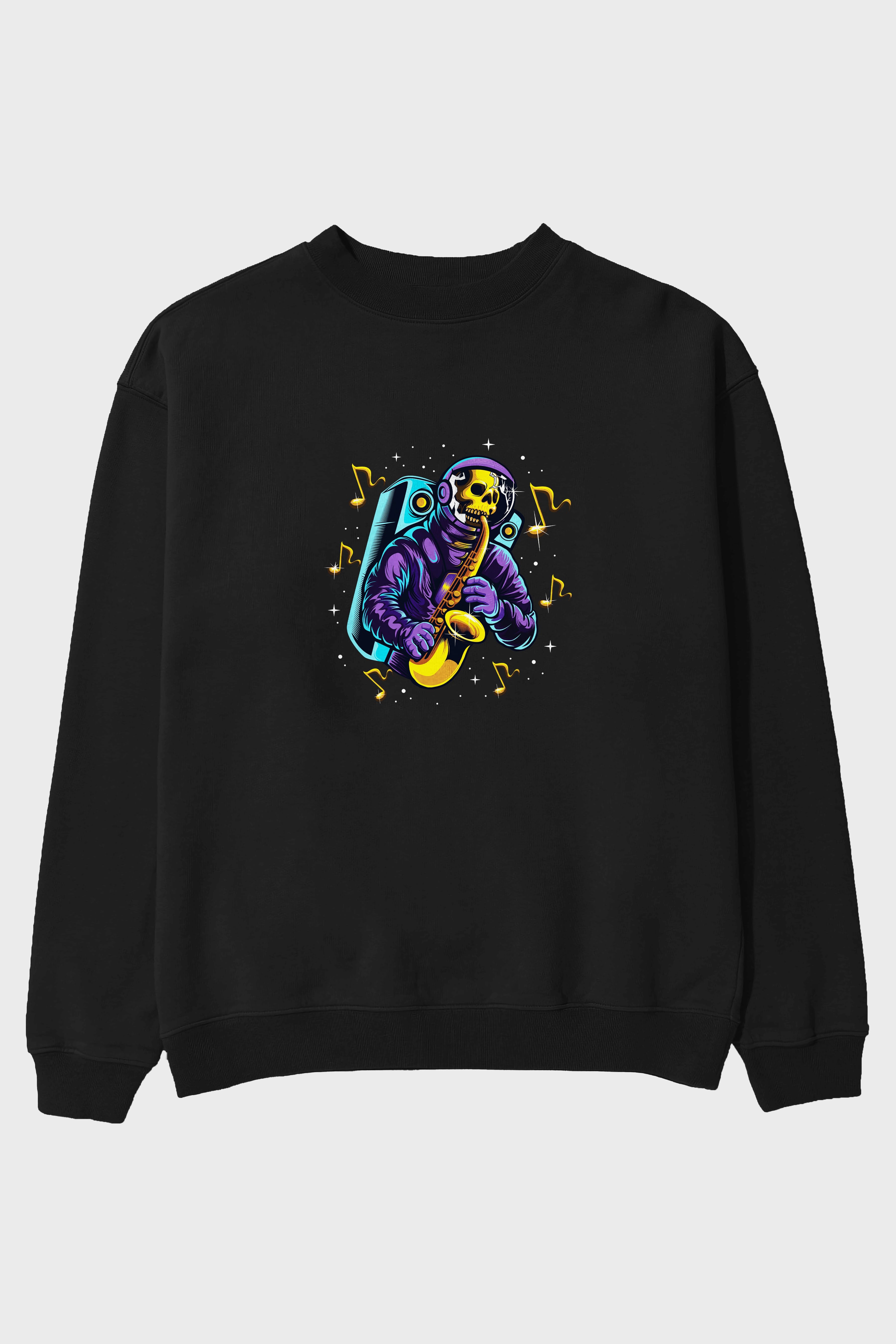 Astroskull Saxophonist Ön Baskılı Oversize Sweatshirt Erkek Kadın Unisex