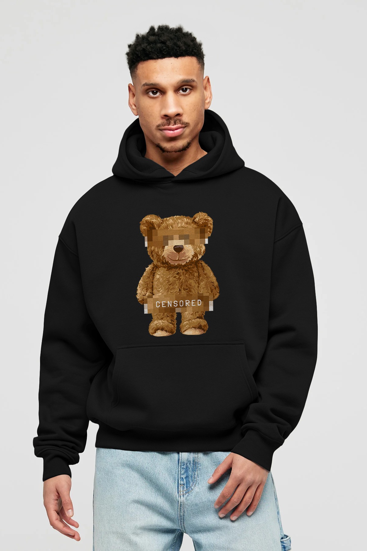 Teddy Bear Censored Ön Baskılı Hoodie Oversize Kapüşonlu Sweatshirt Erkek Kadın Unisex