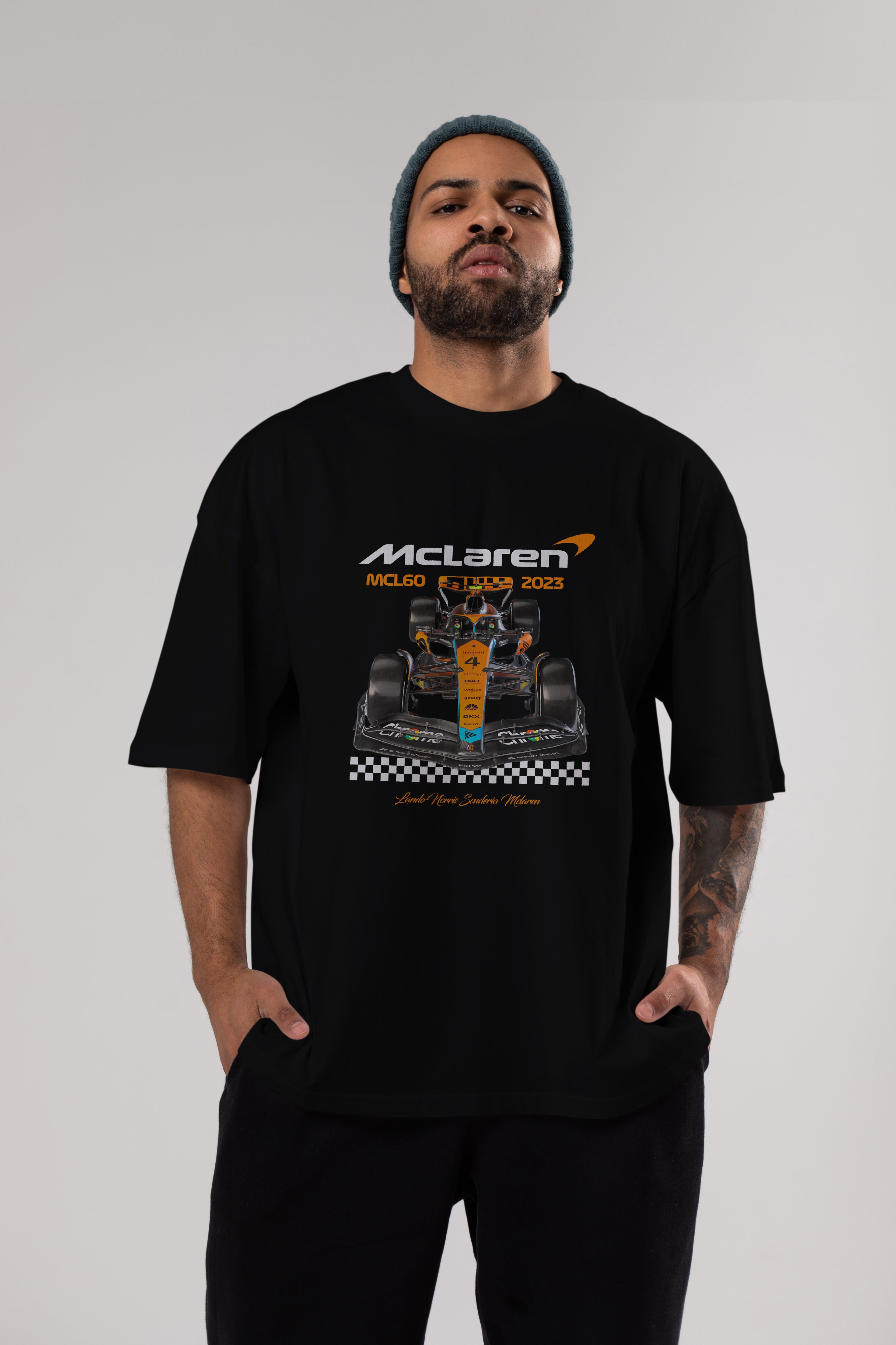 MCLAREN F1 Ön Baskılı Oversize t-shirt Erkek Kadın Unisex %100 Pamuk Bisiklet Yaka tişort