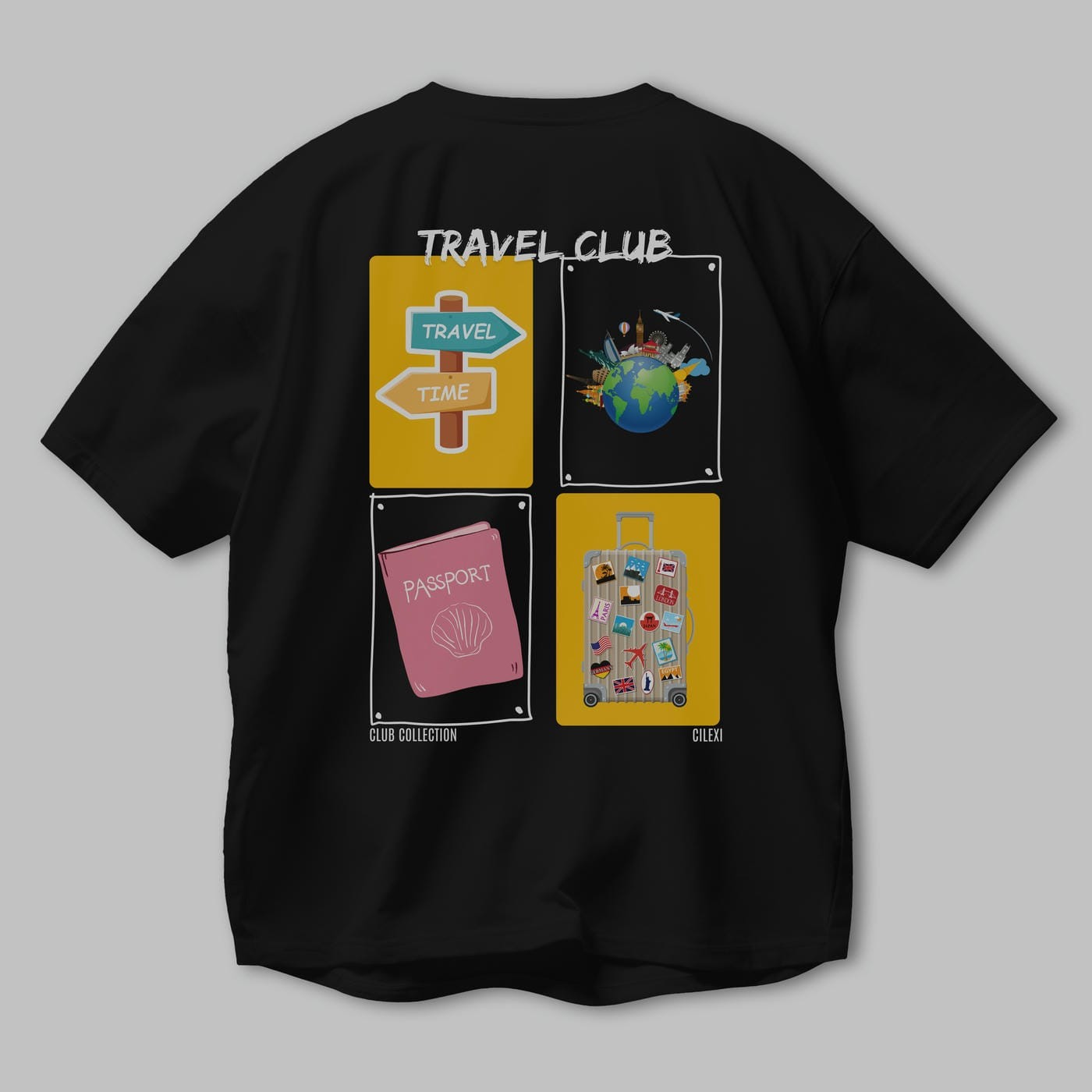 Travel Club Arka Baskılı Oversize t-shirt Erkek Kadın %100 Pamuk Bisiklet Yaka tişort