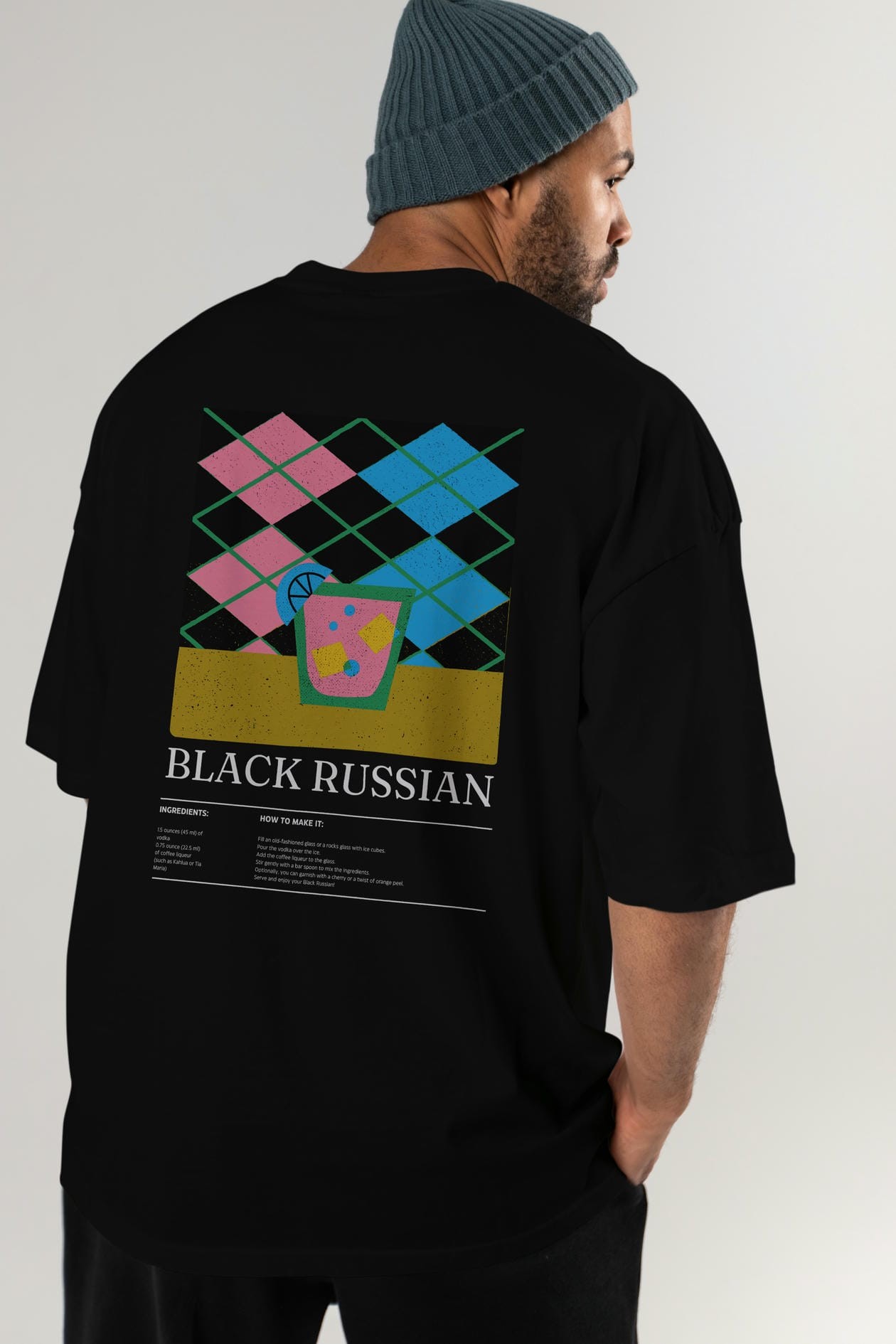 Black Russian Kokteyl Serisi Arka Baskılı Oversize t-shirt Erkek Kadın %100 Pamuk Bisiklet Yaka tişort