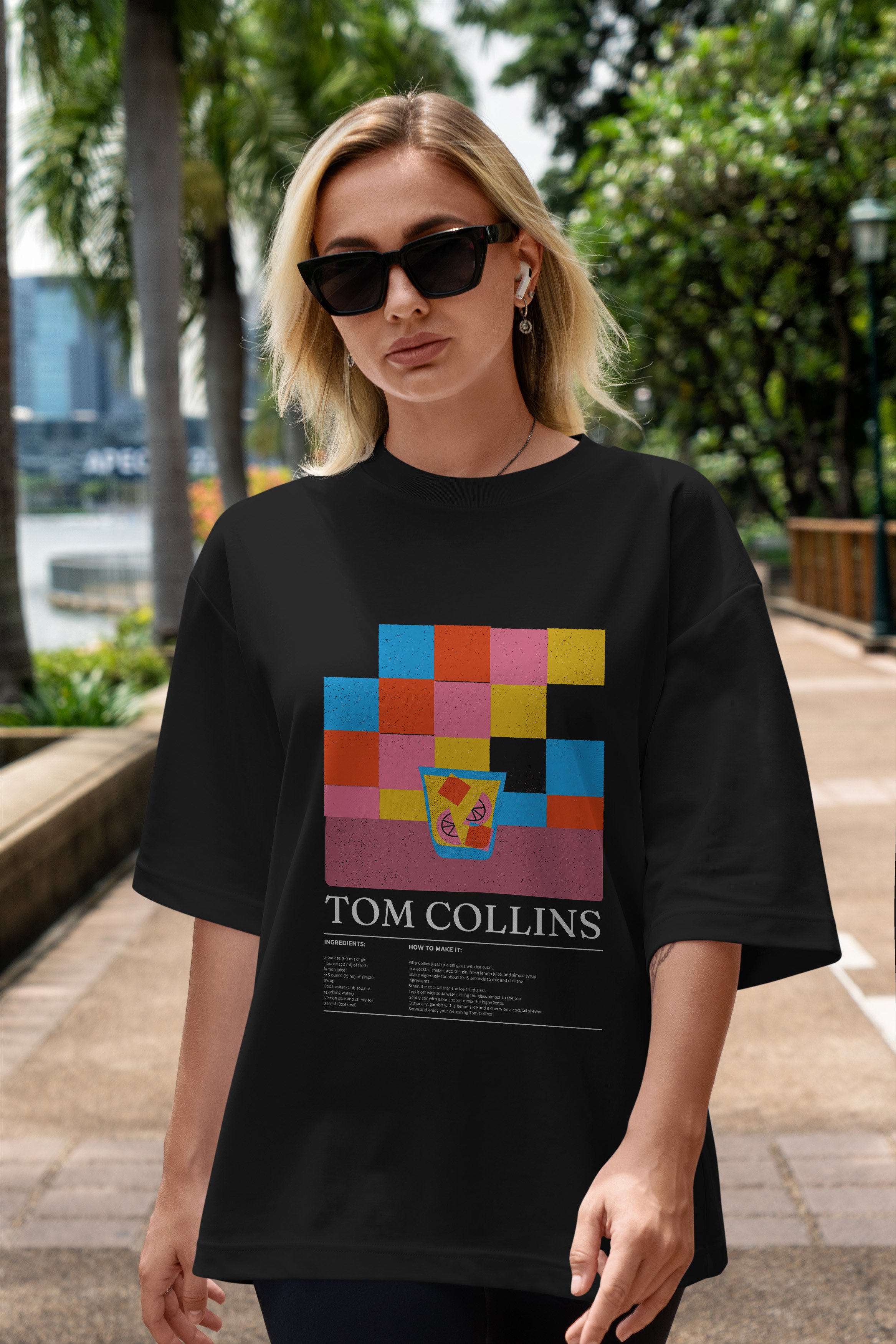 Tom Collins Kokteyl Ön Baskılı Oversize t-shirt Erkek Kadın %100 Pamuk Bisiklet Yaka tişort