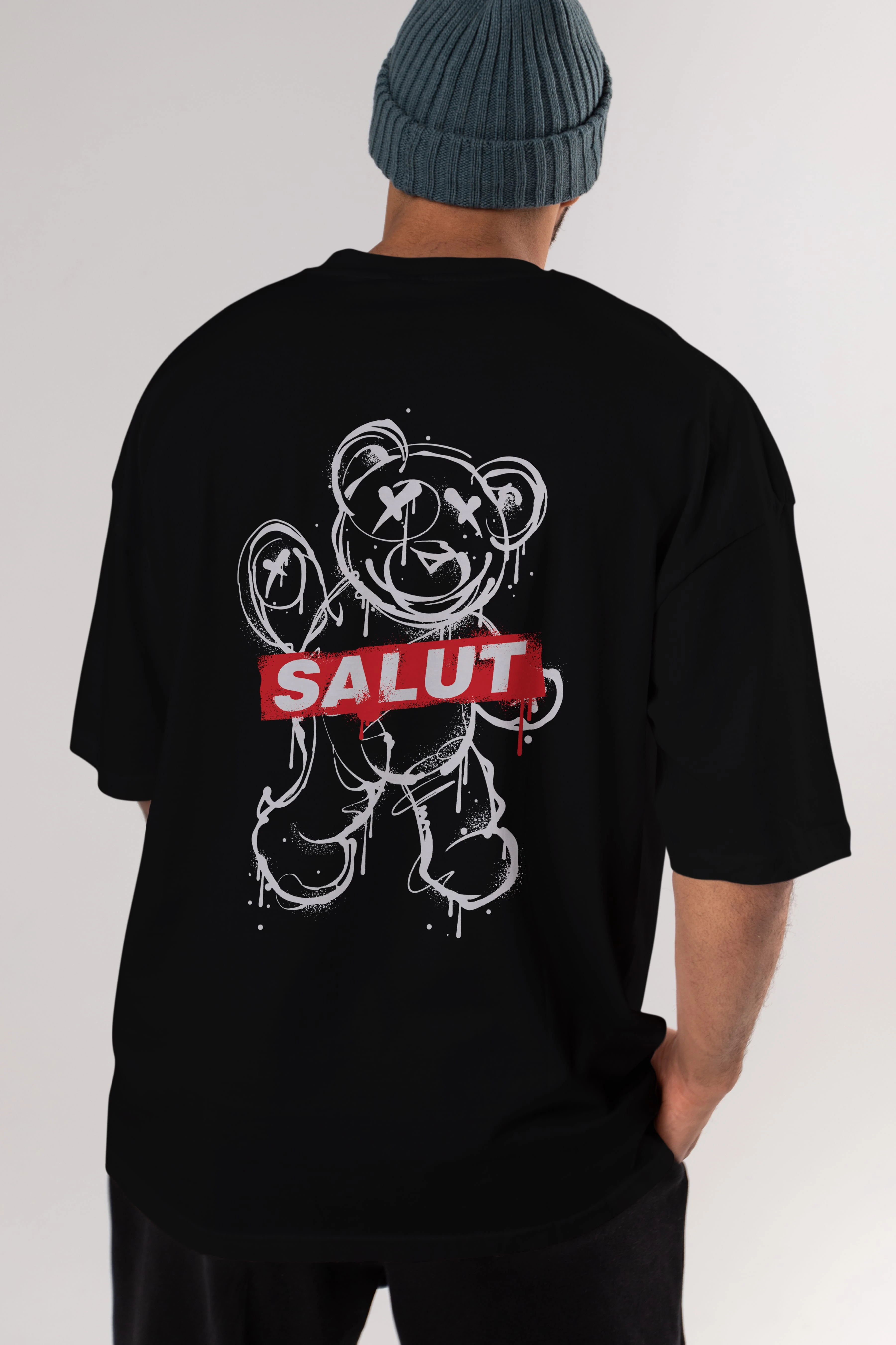 Teddy Bear Salut Arka Baskılı Oversize t-shirt Erkek Kadın Unisex