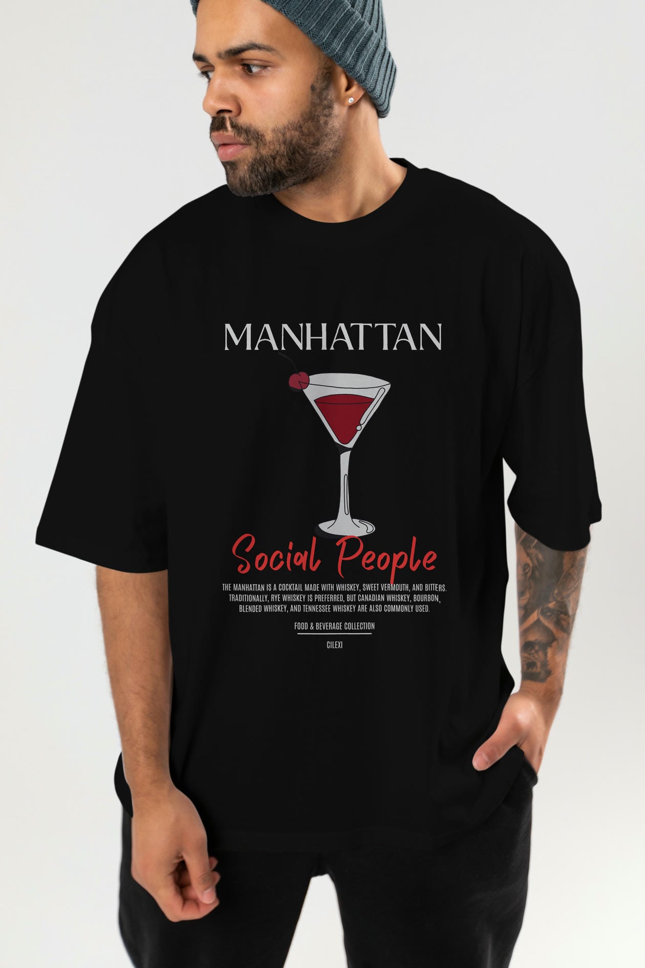 Manhattan Kokteyl Serisi ön Baskılı Oversize t-shirt Erkek Kadın %100 Pamuk Bisiklet Yaka tişort