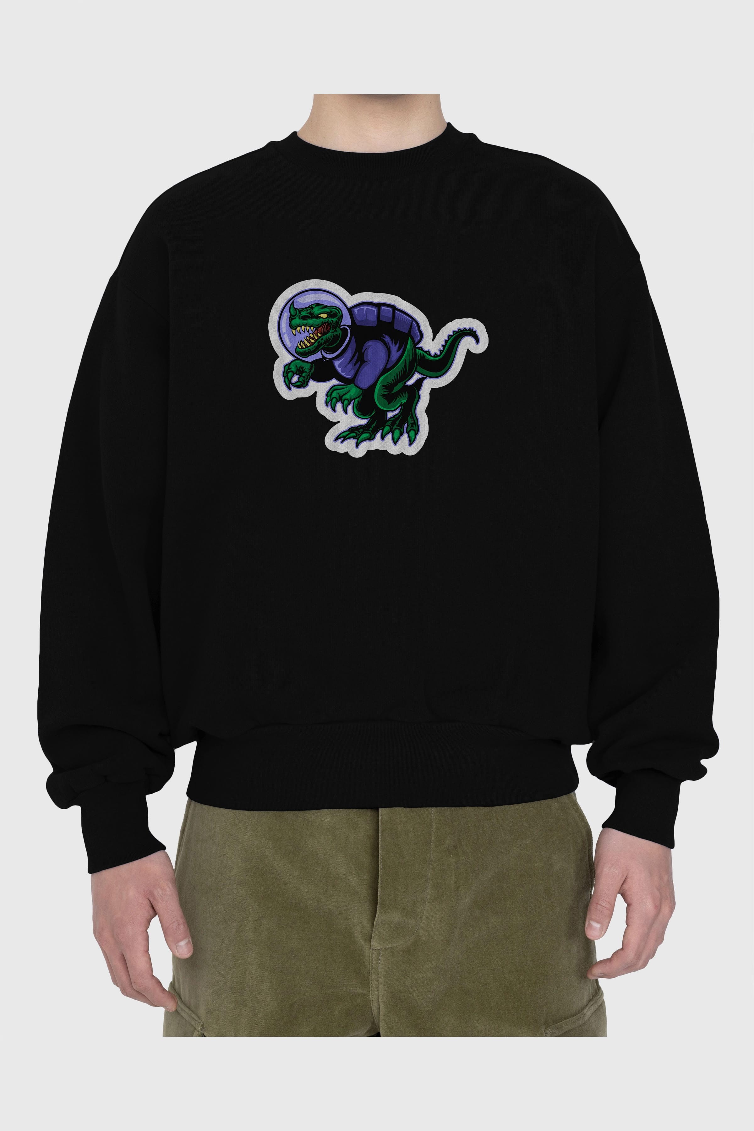 Space Dino Sticker Ön Baskılı Oversize Sweatshirt Erkek Kadın Unisex