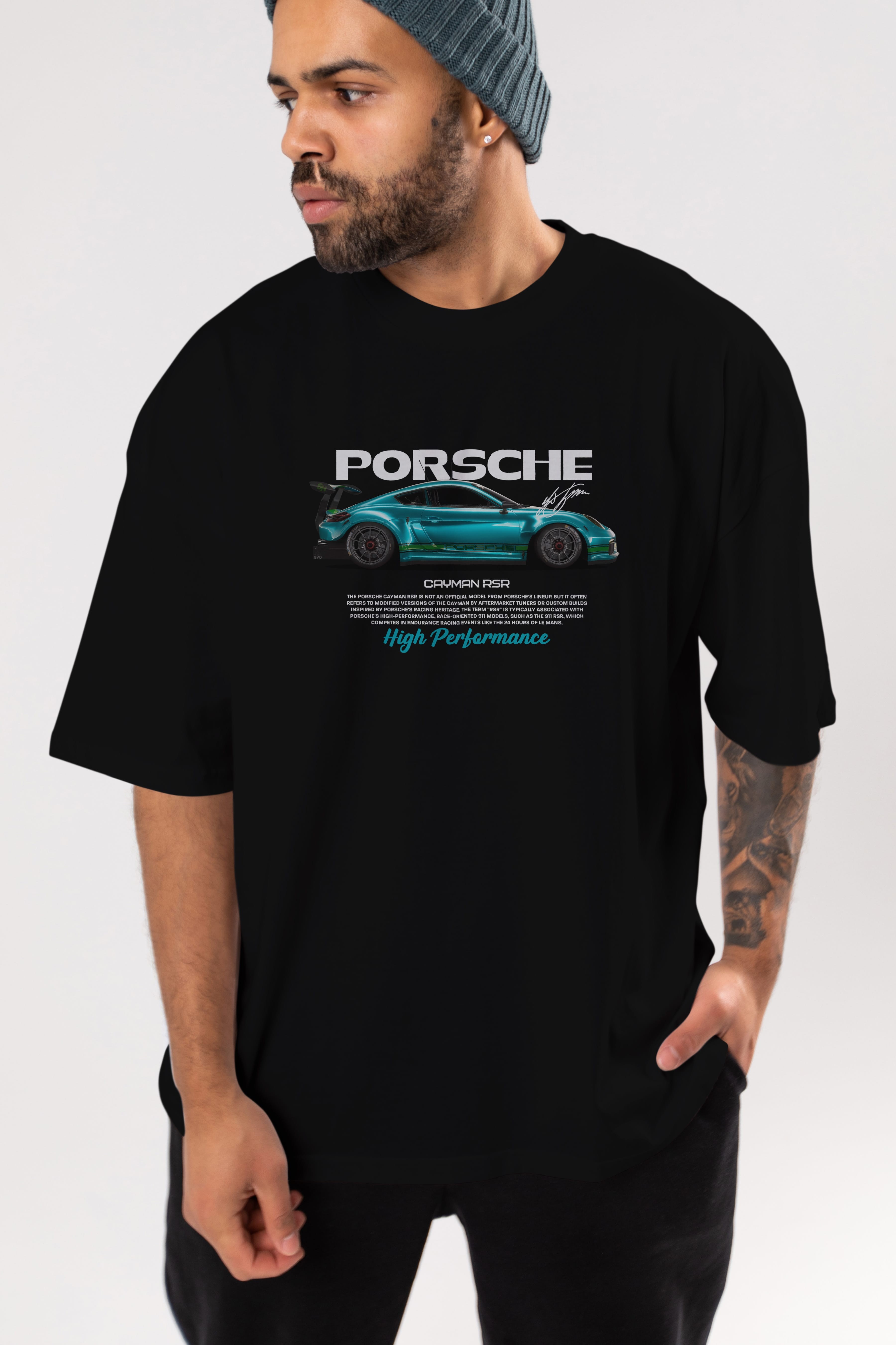 PORSCHE CAYMAN RSR Ön Baskılı Oversize t-shirt Erkek Kadın Unisex %100 Pamuk Bisiklet Yaka tişort