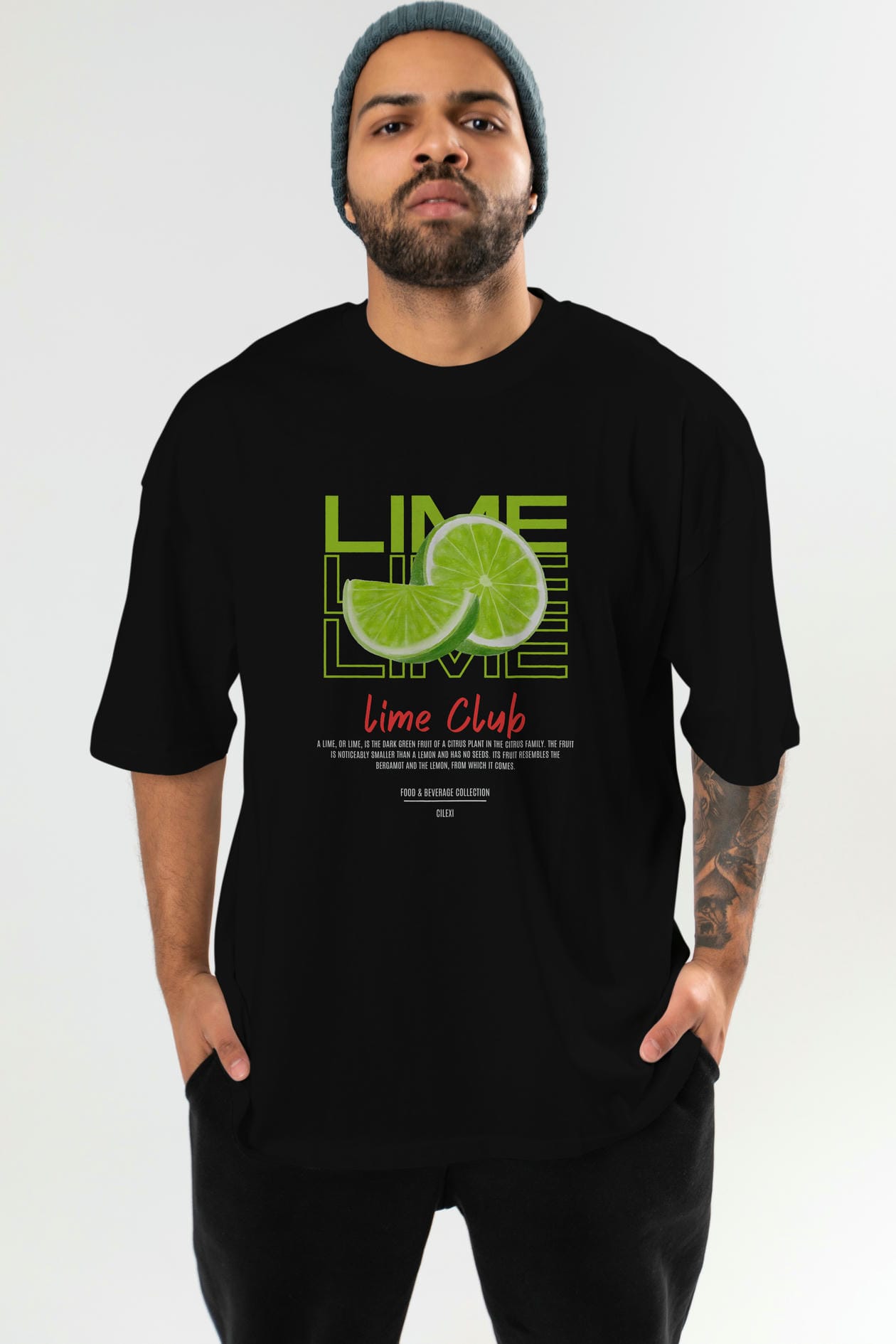 Lime Kokteyl Serisi ön Baskılı Oversize t-shirt Erkek Kadın %100 Pamuk Bisiklet Yaka tişort