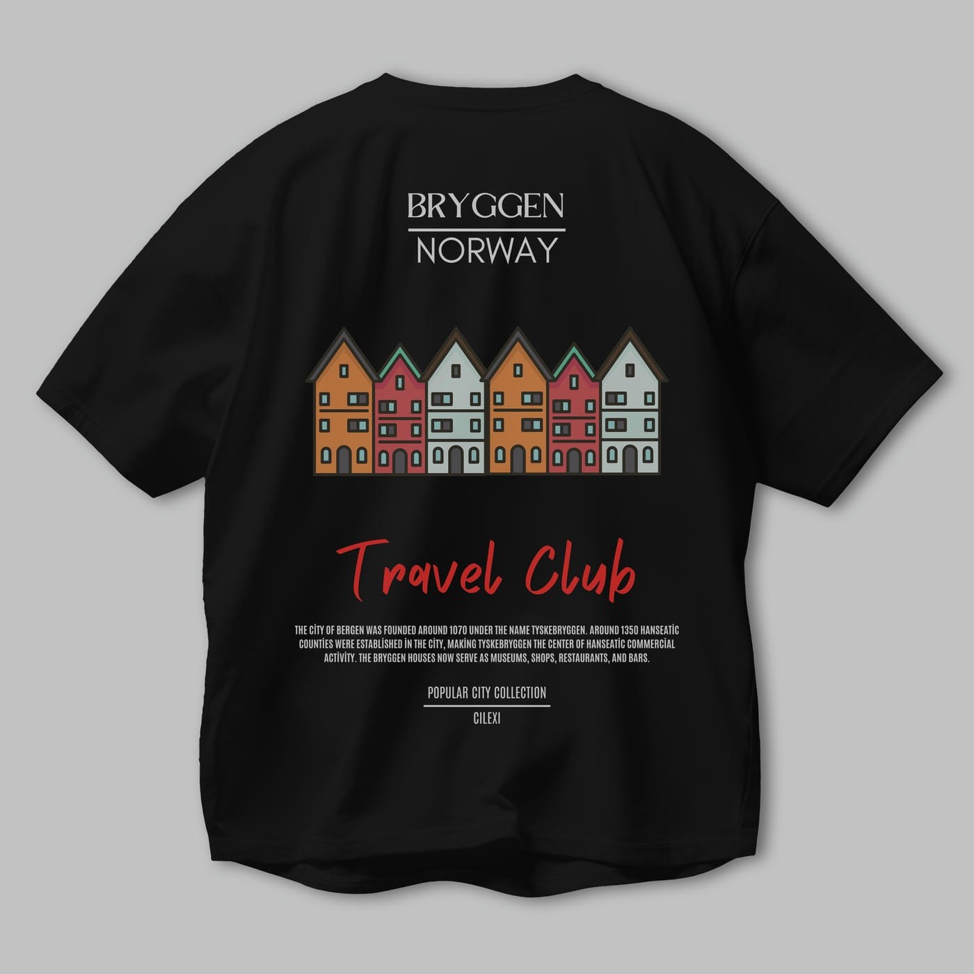 Bryggen Norway Arka Baskılı Oversize t-shirt Erkek Kadın Pamuk Bisiklet Yaka tişort