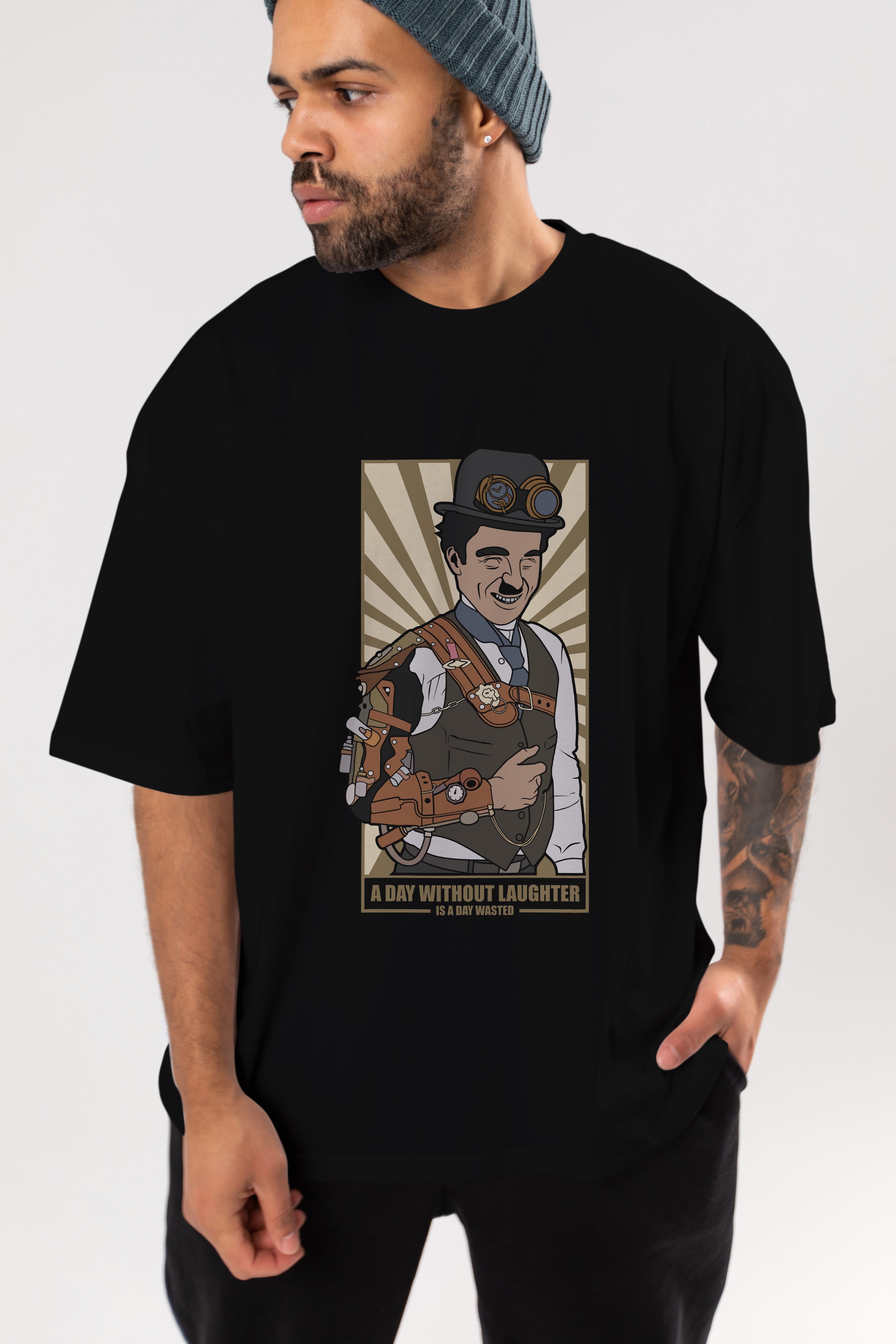 Steampunk Chaplin Ön Baskılı Oversize t-shirt Erkek Kadın Unisex %100 Pamuk tişort