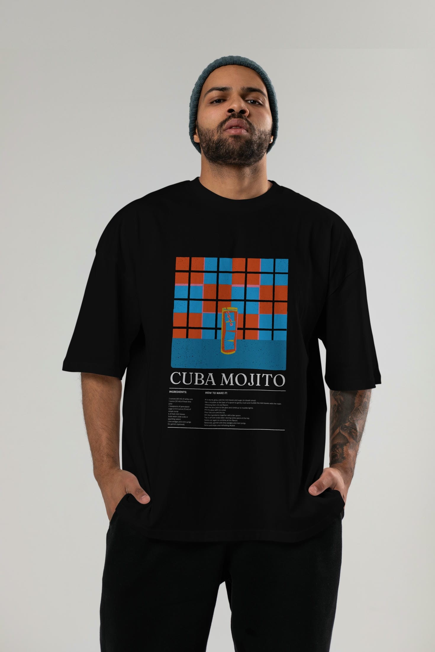 Cuba Mojito Kokteyl Ön Baskılı Oversize t-shirt Erkek Kadın %100 Pamuk Bisiklet Yaka tişort