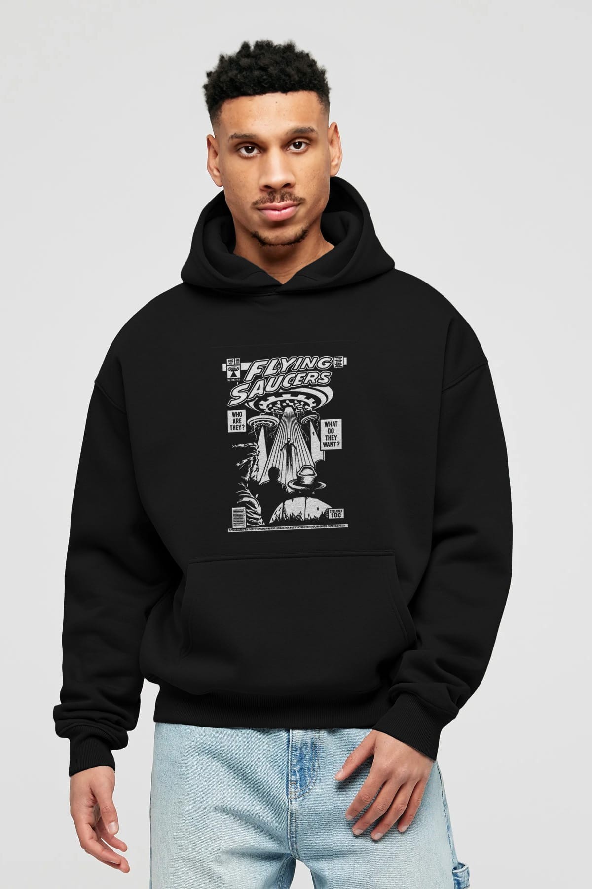 UFO Ön Baskılı Hoodie Oversize Kapüşonlu Sweatshirt Erkek Kadın Unisex