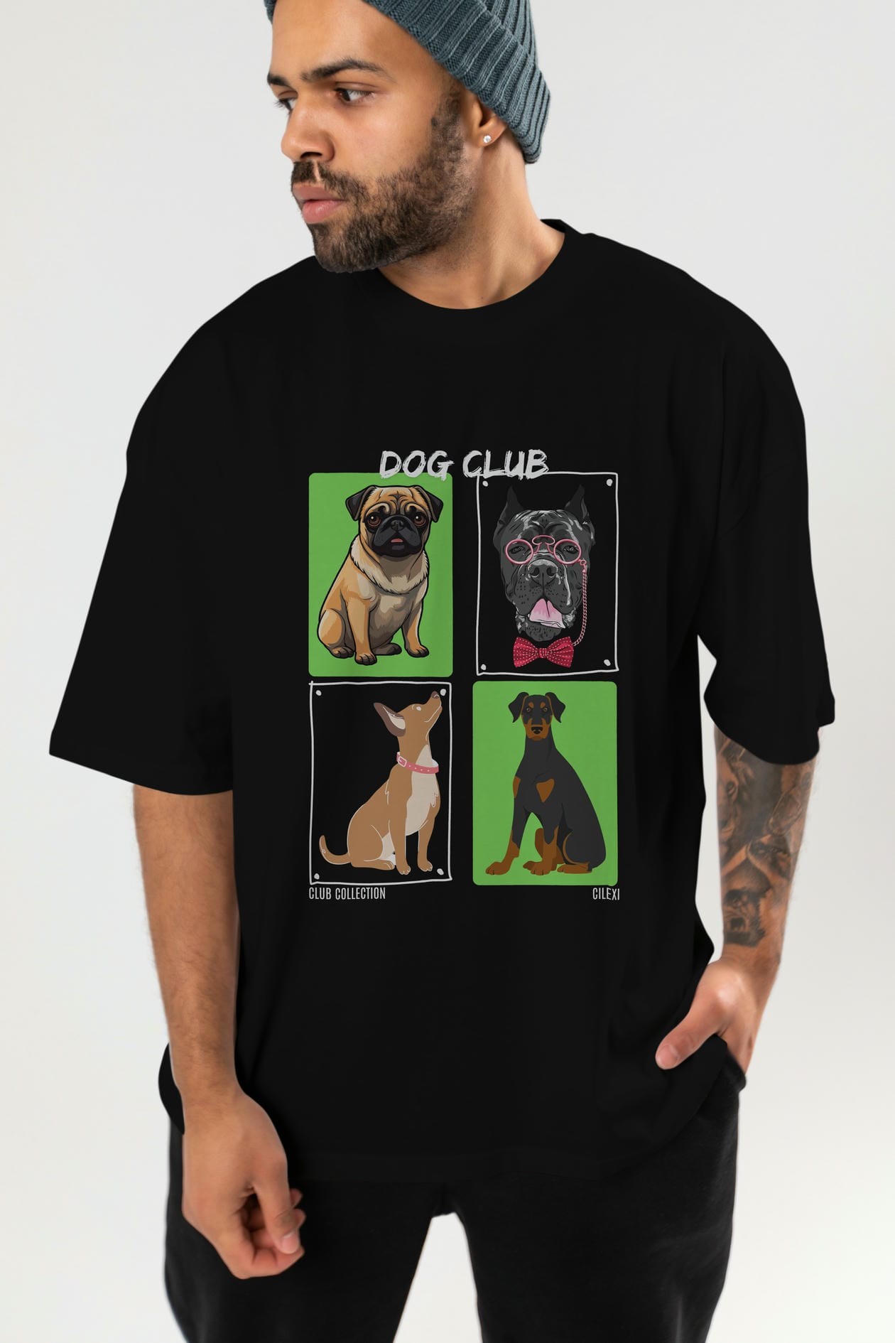 Dog Club ön Baskılı Oversize t-shirt Erkek Kadın %100 Pamuk Bisiklet Yaka tişort