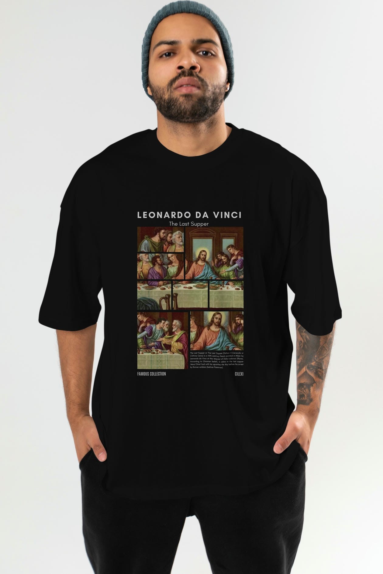 Leonardo Da Vinci ön Baskılı Oversize t-shirt Erkek Kadın Bisiklet Yaka Pamuk tişort