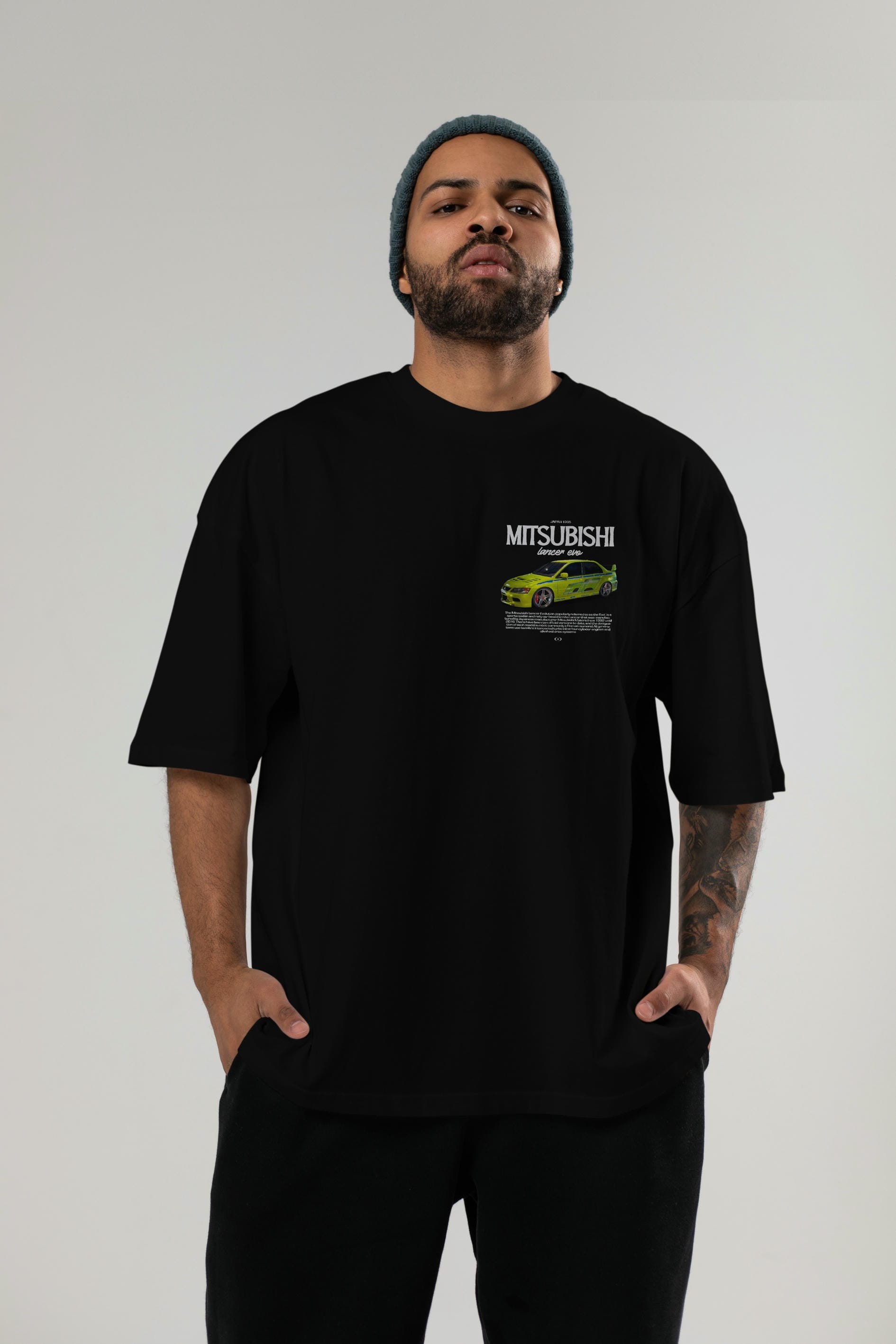 MITSUBISHI LANCER EVO 3 Ön Sol Baskılı Oversize t-shirt Erkek Kadın Unisex %100 Pamuk Bisiklet Yaka tişort