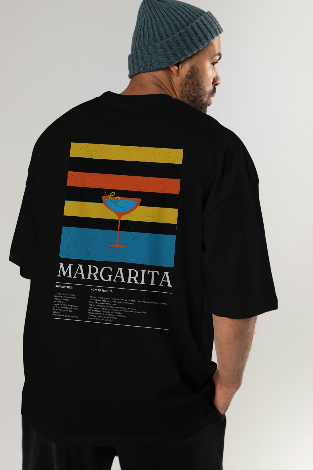 Margarita Kokteyl Serisi Arka Baskılı Oversize t-shirt Erkek Kadın %100 Pamuk Bisiklet Yaka tişort