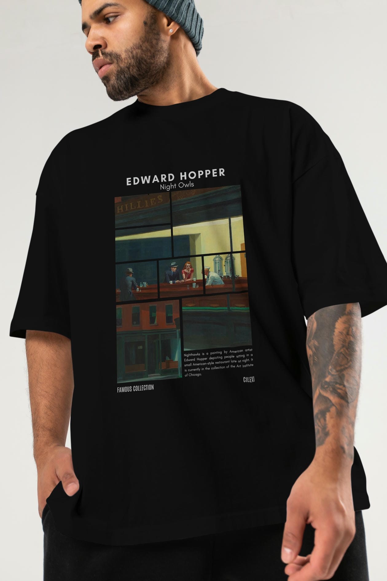 Edward Hopper Night Owls ön Baskılı Oversize t-shirt Erkek Kadın Bisiklet Yaka Pamuk tişort