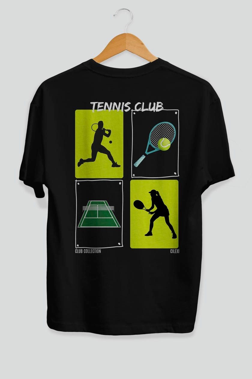 Tennis Club Arka Baskılı Oversize t-shirt Erkek Kadın %100 Pamuk Bisiklet Yaka tişort