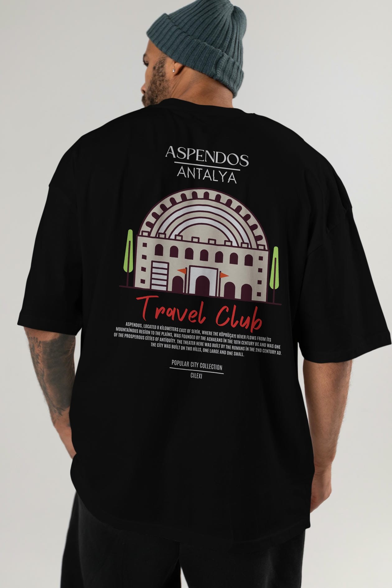Aspendos Antalya Arka Baskılı Oversize t-shirt Erkek Kadın Pamuk Bisiklet Yaka tişort