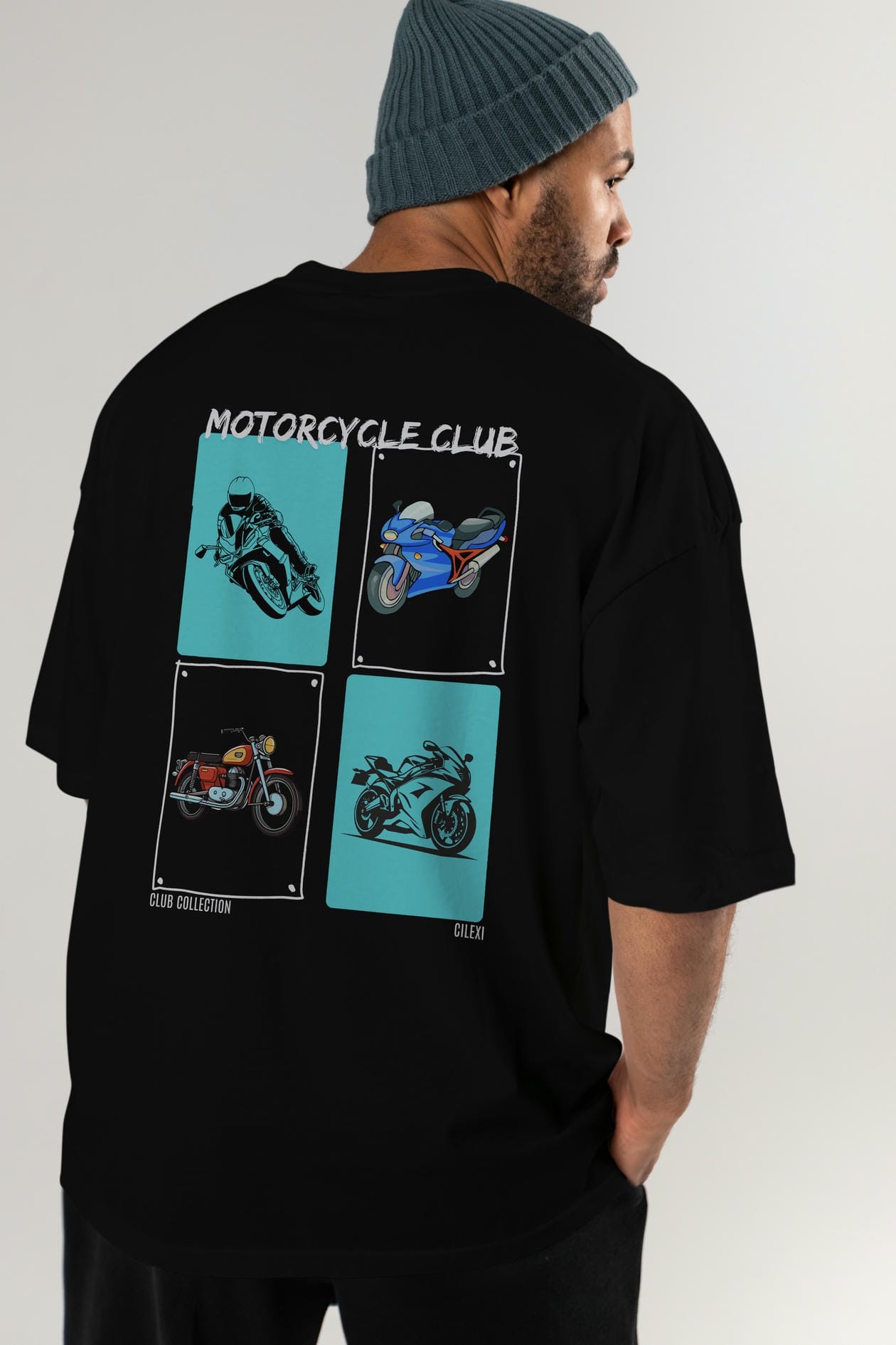 Motorcycle Club Arka Baskılı Oversize t-shirt Erkek Kadın %100 Pamuk Bisiklet Yaka tişort