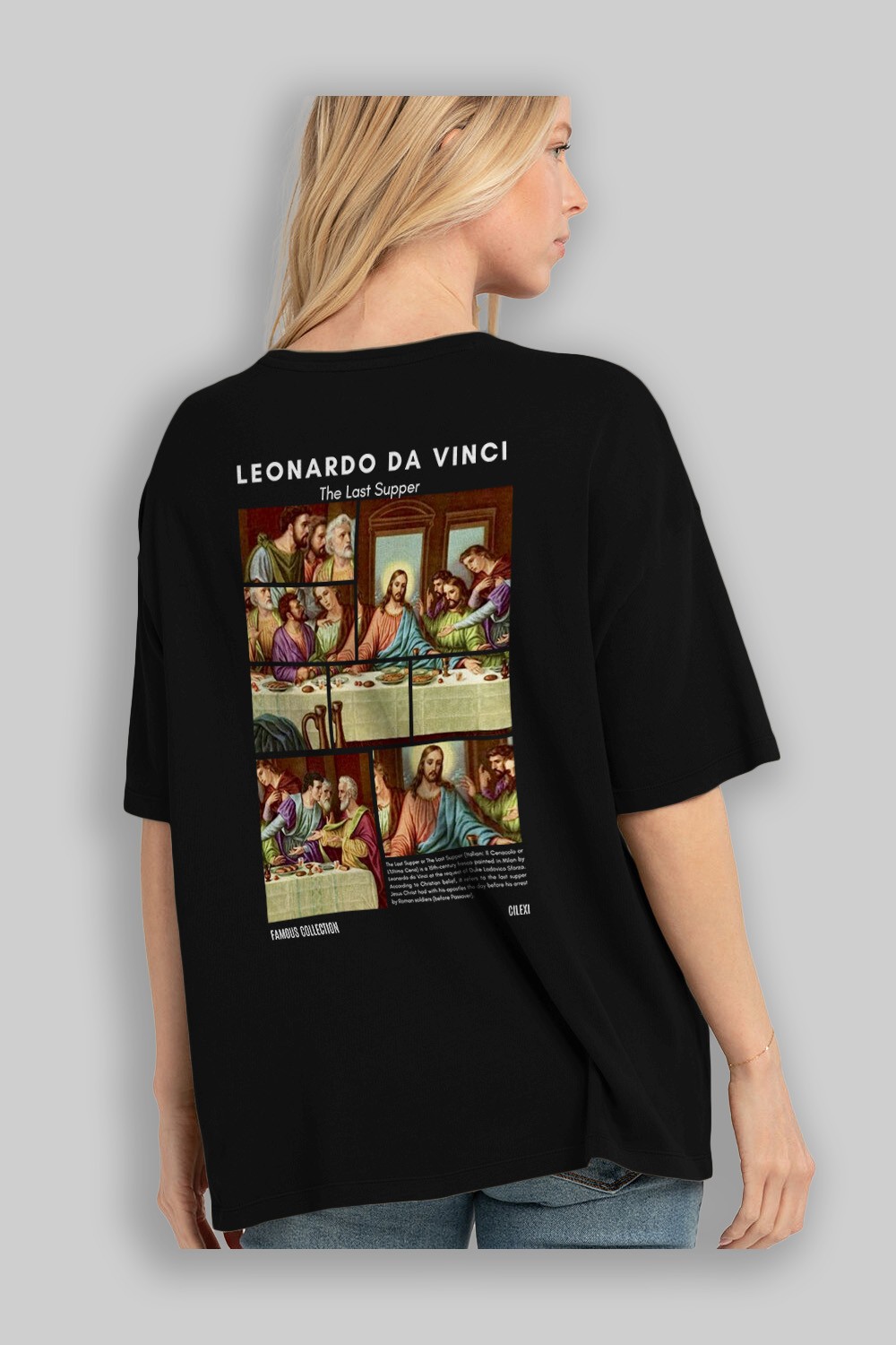 Leonardo Da Vinci Arka Baskılı Oversize t-shirt Erkek Kadın Bisiklet Yaka Pamuk tişort