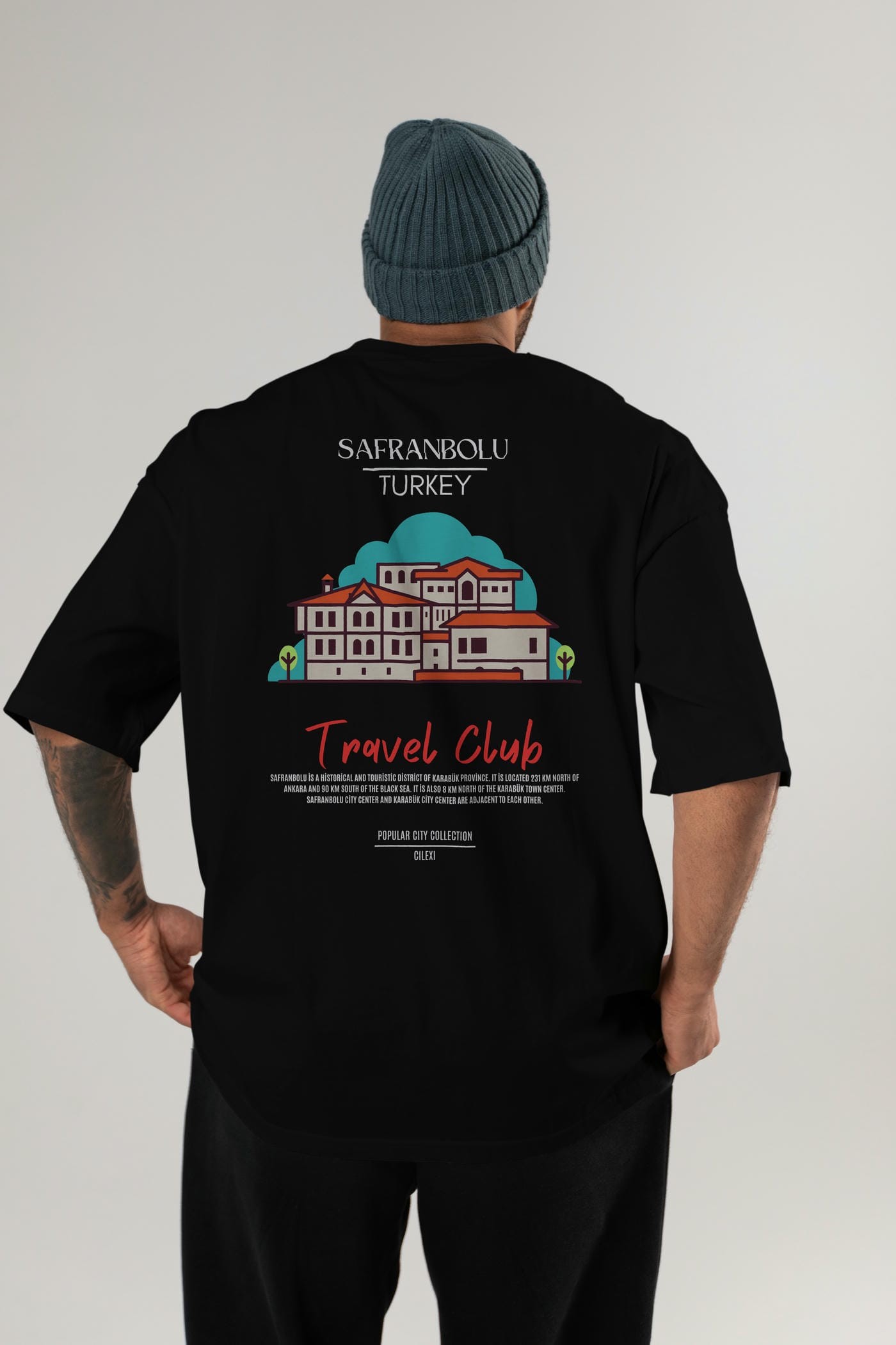 Safranbolu Turkey Arka Baskılı Oversize t-shirt Erkek Kadın Pamuk Bisiklet Yaka tişort