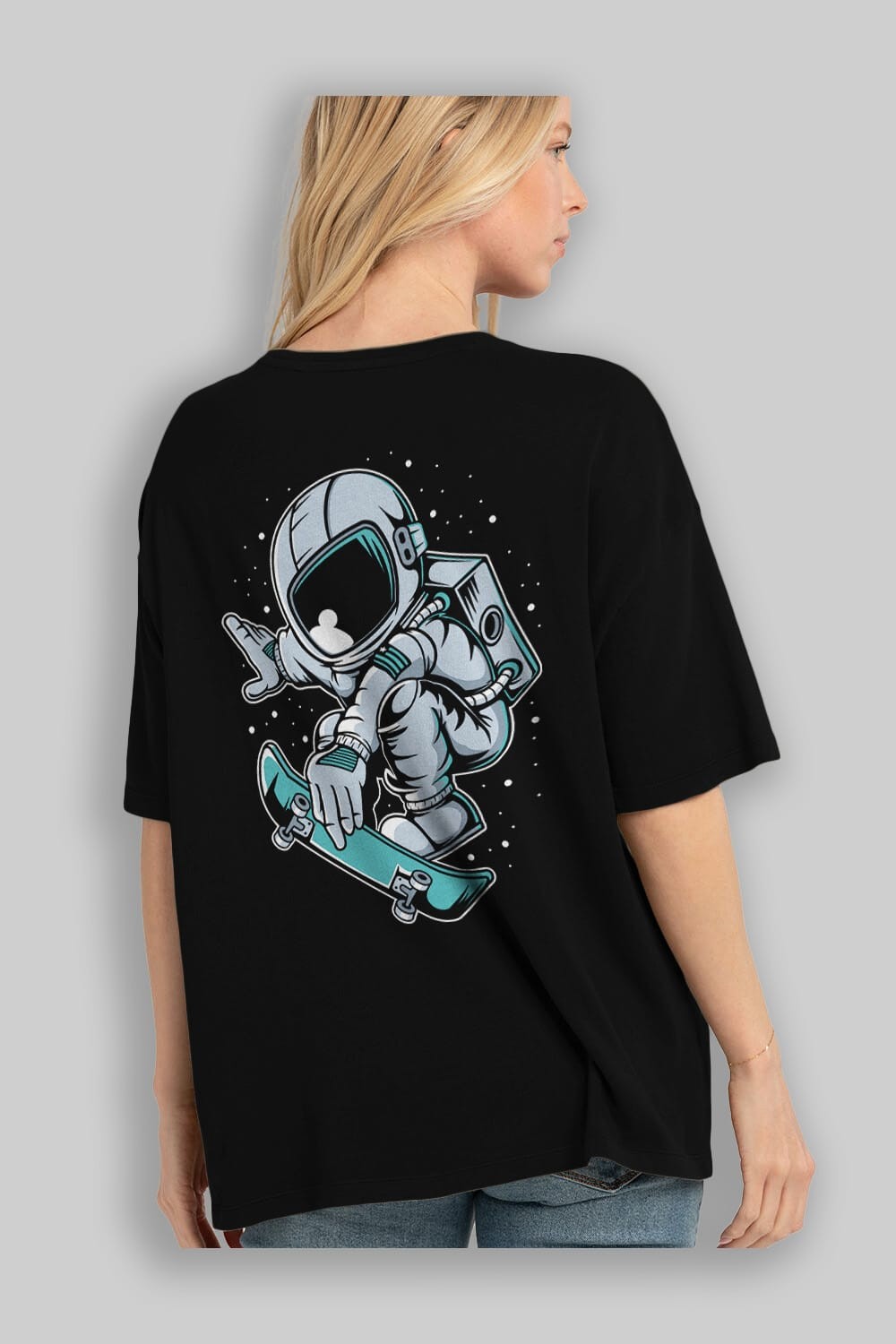 Astronaut Skateboard Jump Arka Baskılı Oversize t-shirt Erkek Kadın Unisex