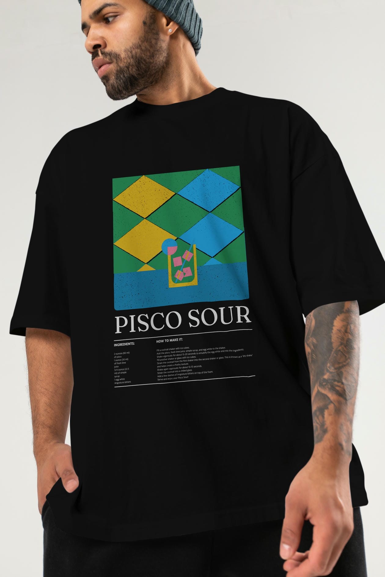 Pisco Sour Kokteyl Ön Baskılı Oversize t-shirt Erkek Kadın %100 Pamuk Bisiklet Yaka tişort