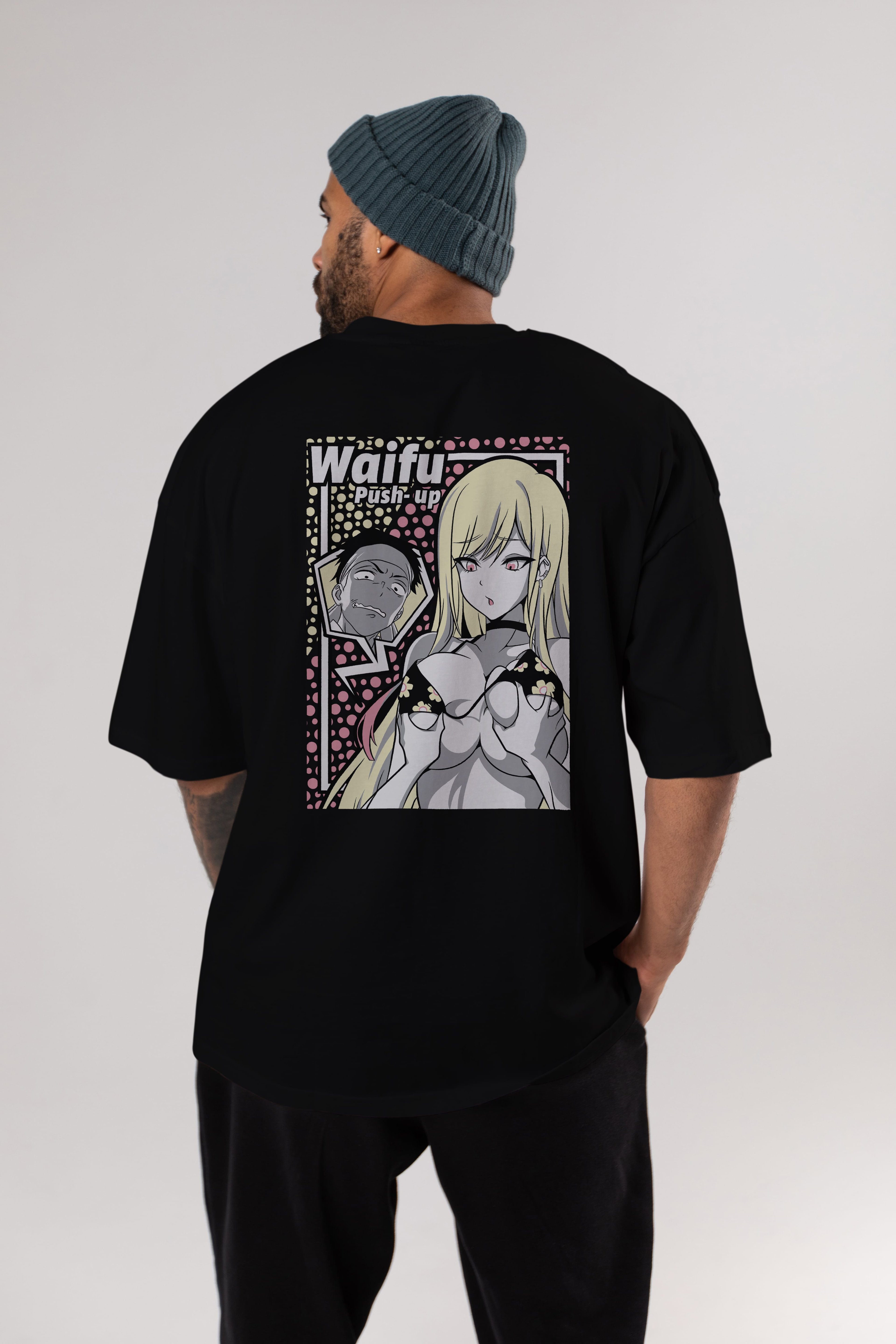 Waifu PushUp Anime Arka Baskılı Oversize t-shirt Erkek Kadın Unisex