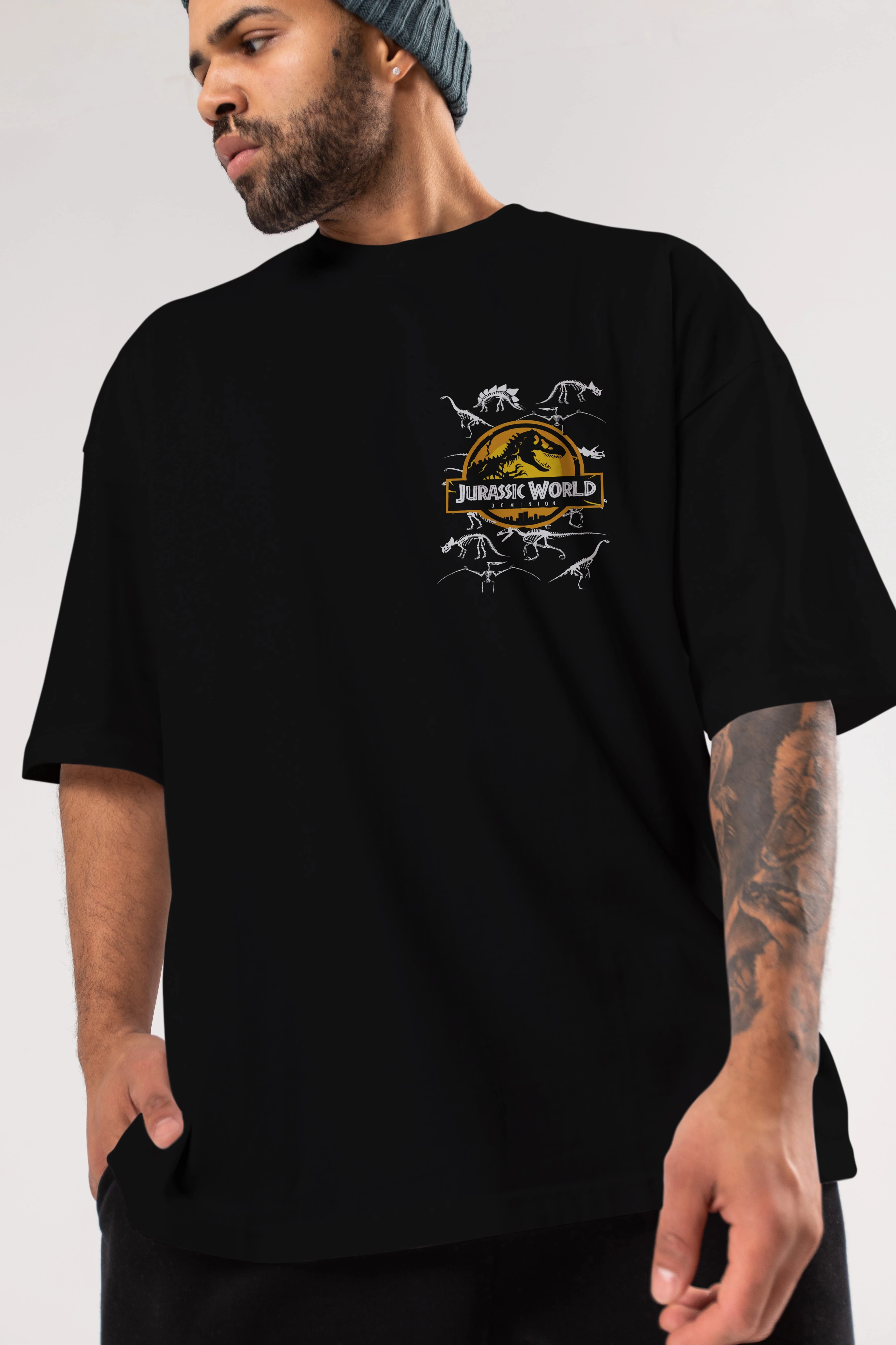 Jurassic Park (5) Ön Sol Baskılı Oversize t-shirt Erkek Kadın Unisex %100 Pamuk Bisiklet Yaka tişort