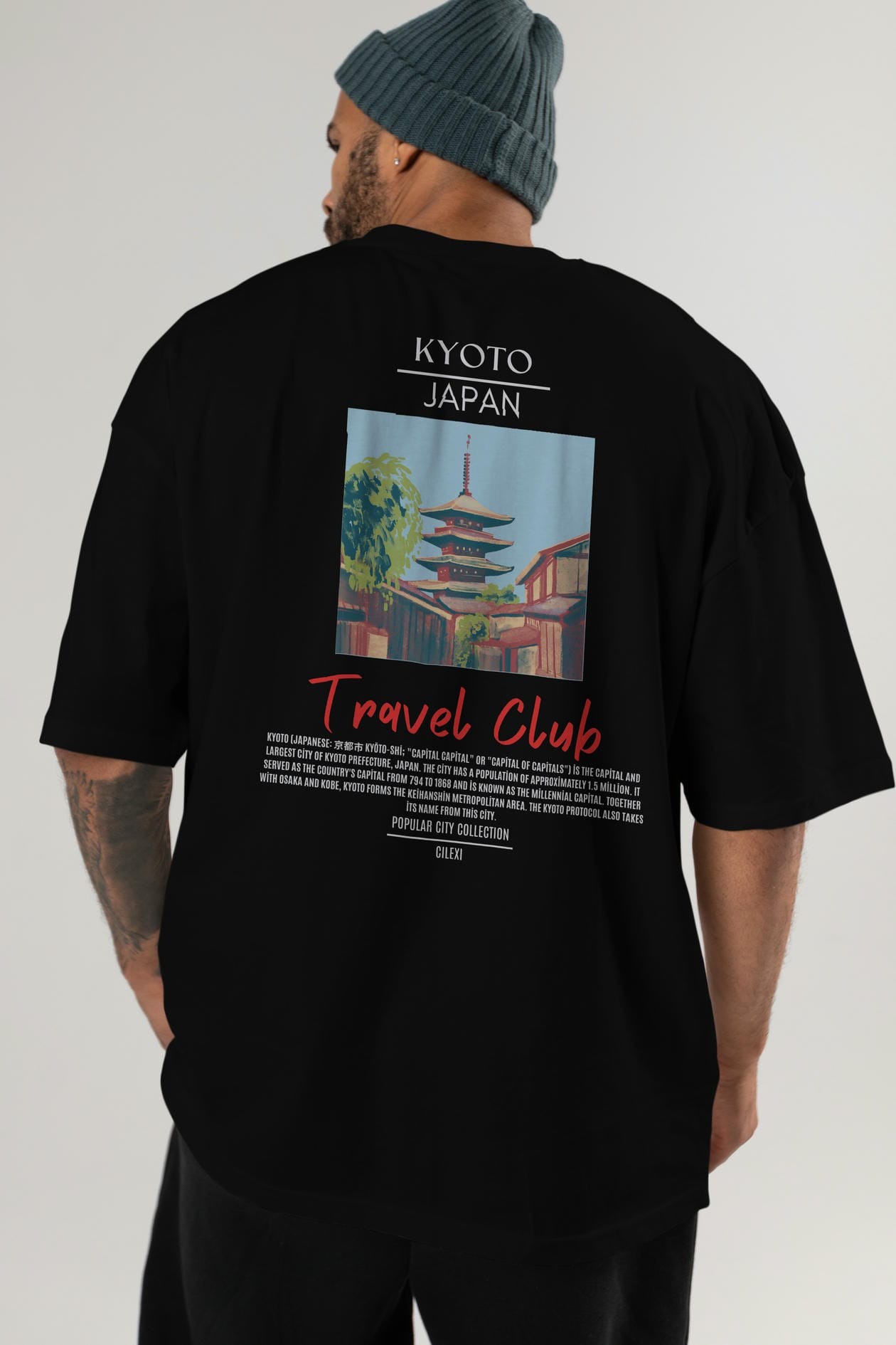 Kyoto Japan Arka Baskılı Oversize t-shirt Erkek Kadın Pamuk Bisiklet Yaka tişort