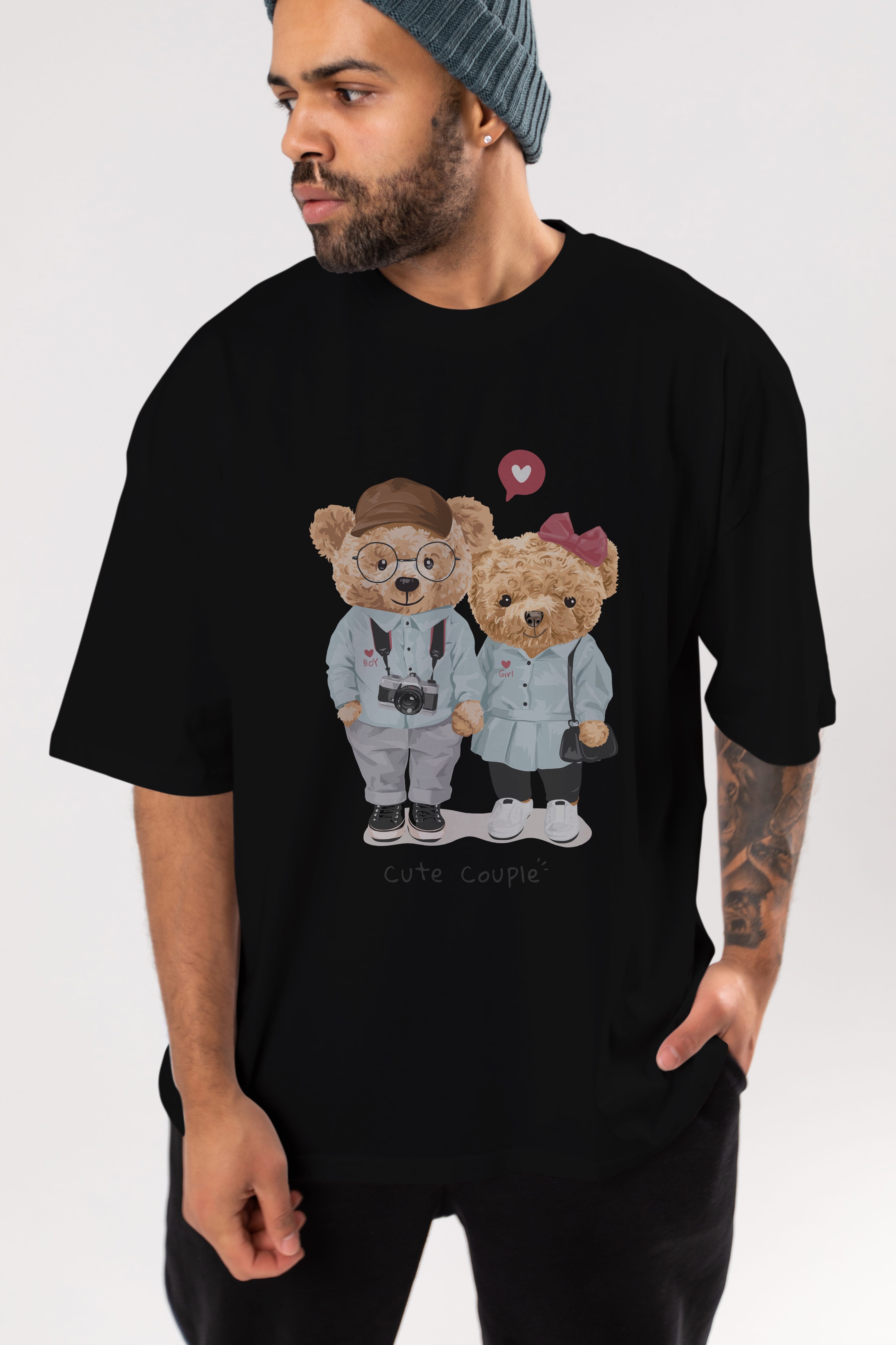 Teddy Bear Cute Couple Ön Baskılı Oversize t-shirt Erkek Kadın Unisex %100 Pamuk