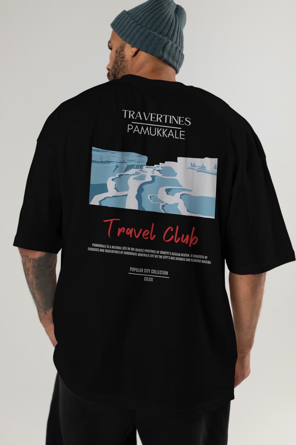 Travertines Pamukkale Arka Baskılı Oversize t-shirt Erkek Kadın Pamuk Bisiklet Yaka tişort